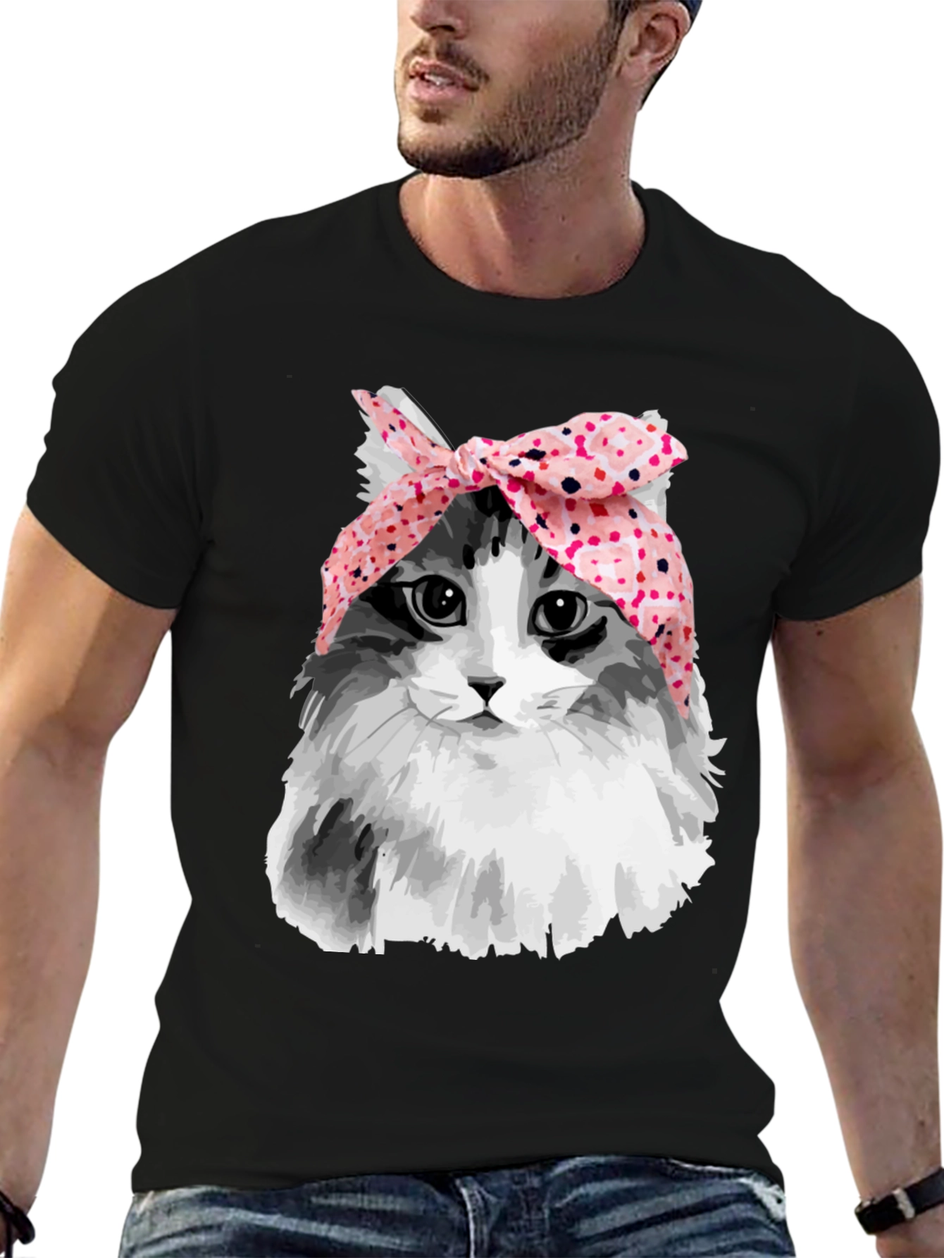Black Cat with Headscarf T-Shirt - Unique Graphic Tee view 6