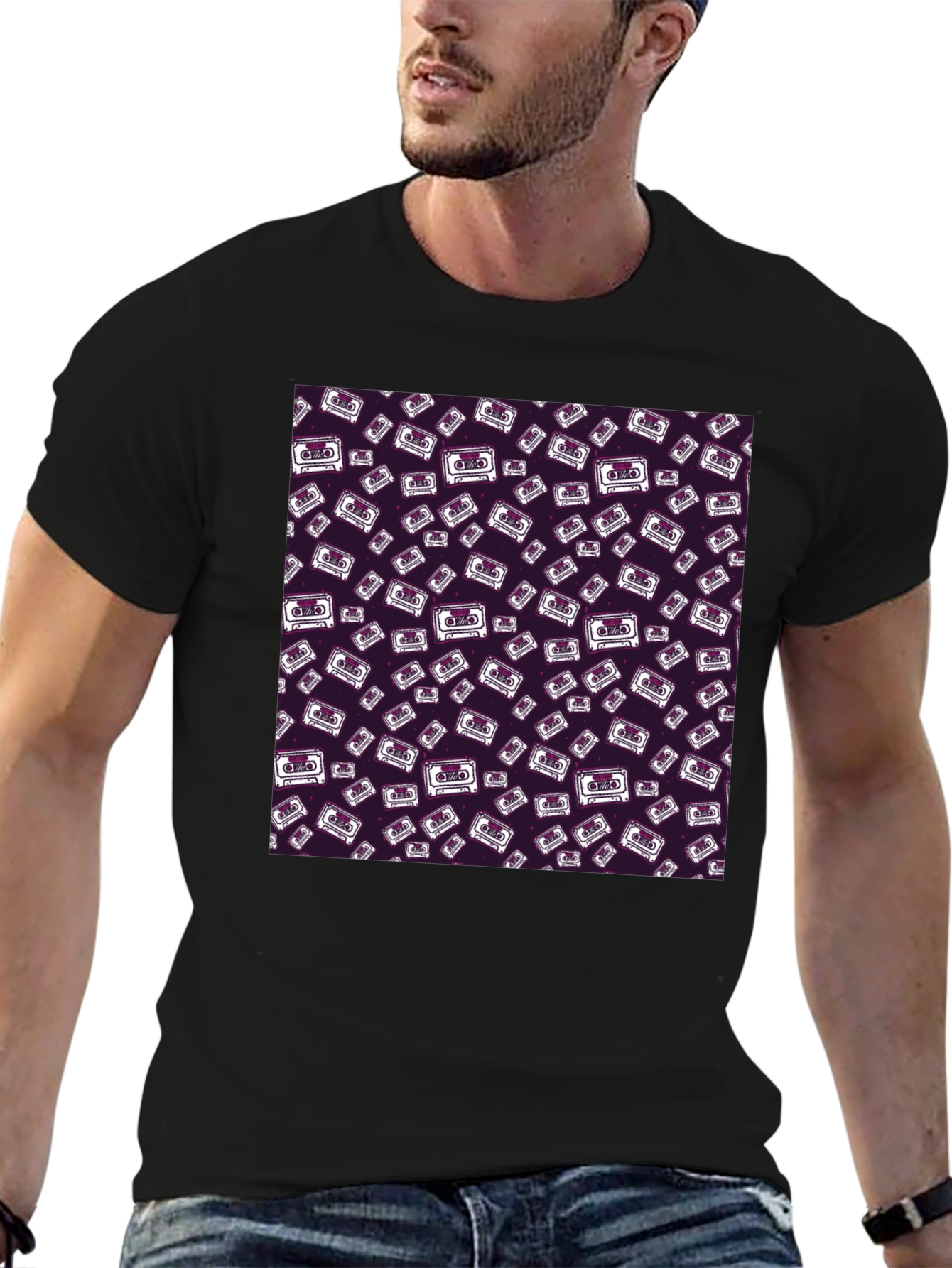 Black Retro Cassette Pattern T-Shirt view 6