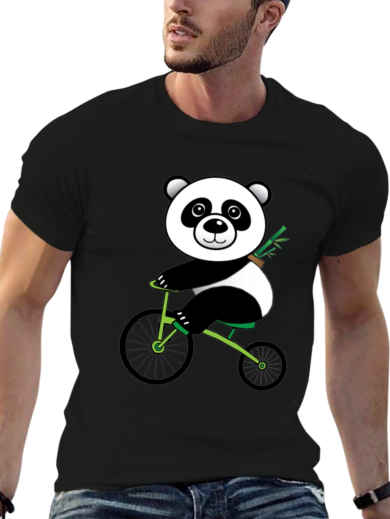 Black Panda on Bike Graphic Tee - Black Cotton T-Shirt view 6