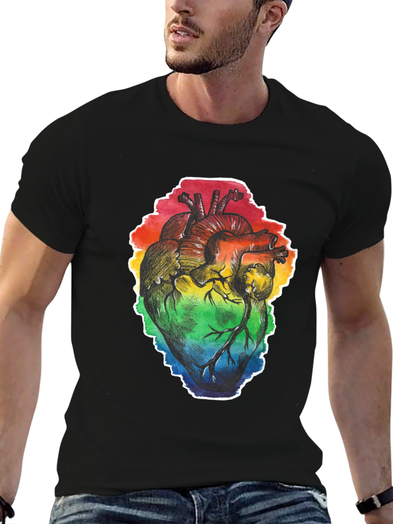 Black Rainbow Heart Print Black T-Shirt view 6