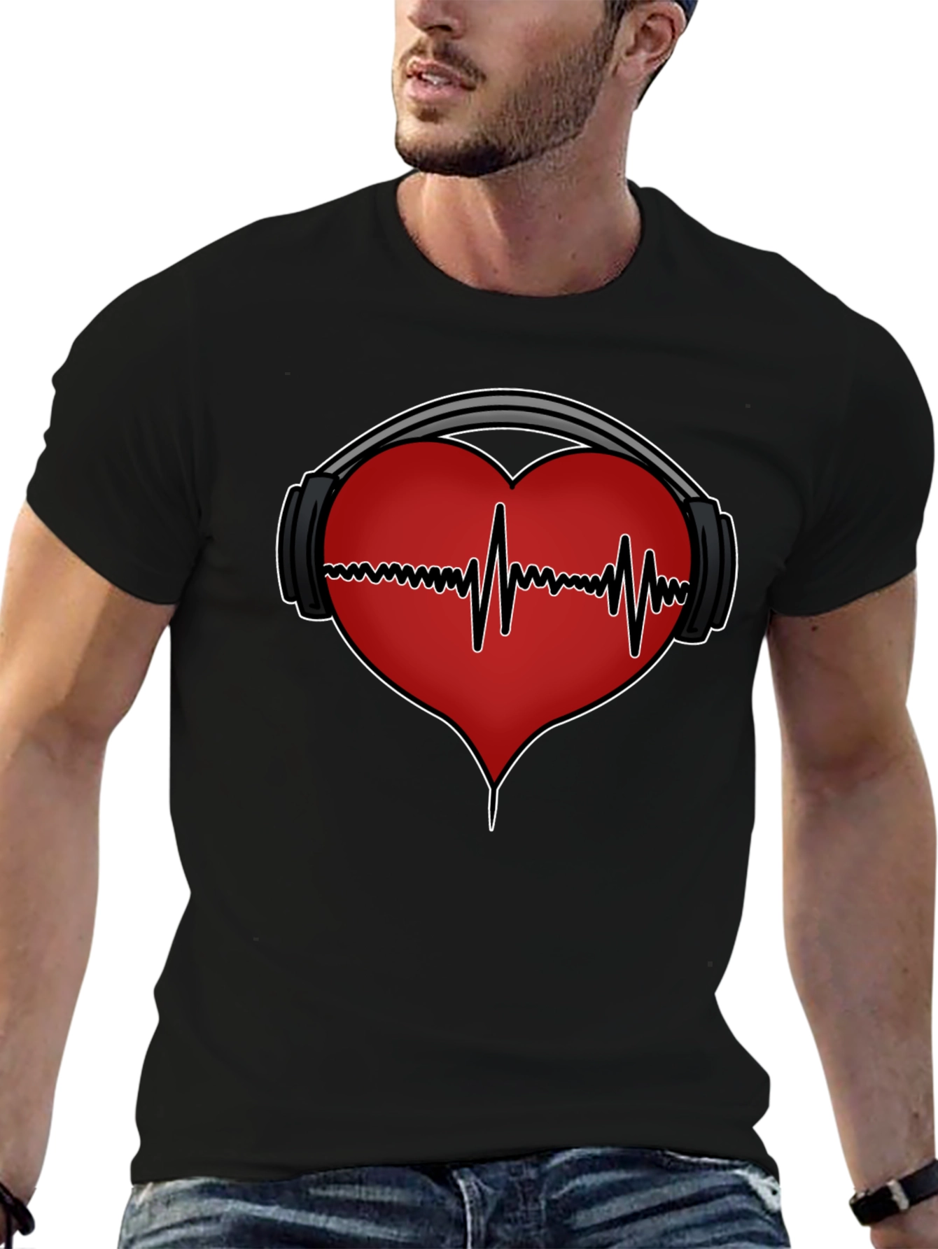 Black Heartbeat Headphones Graphic Tee view 6