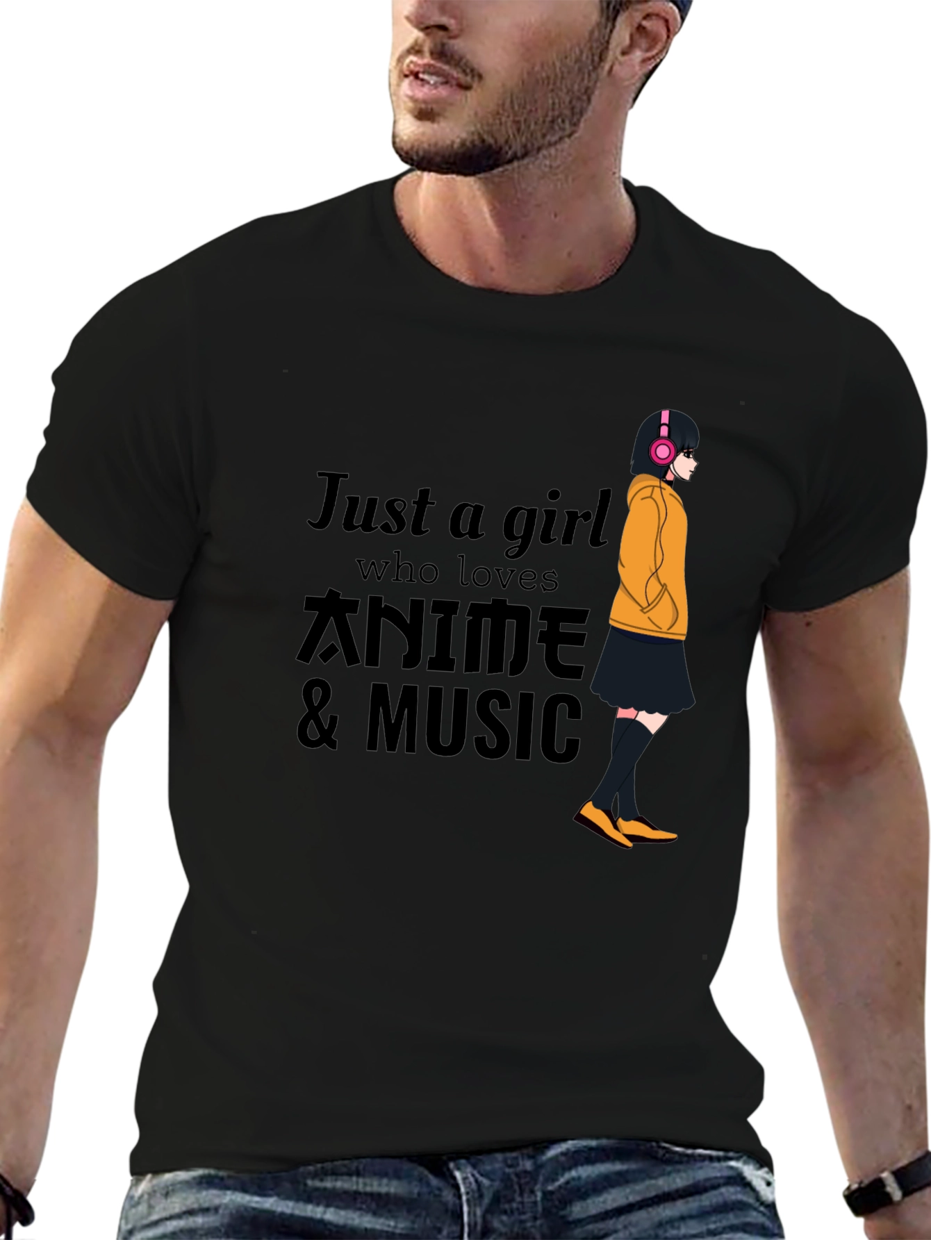 Black Anime & Music Girl T-Shirt - Black view 6