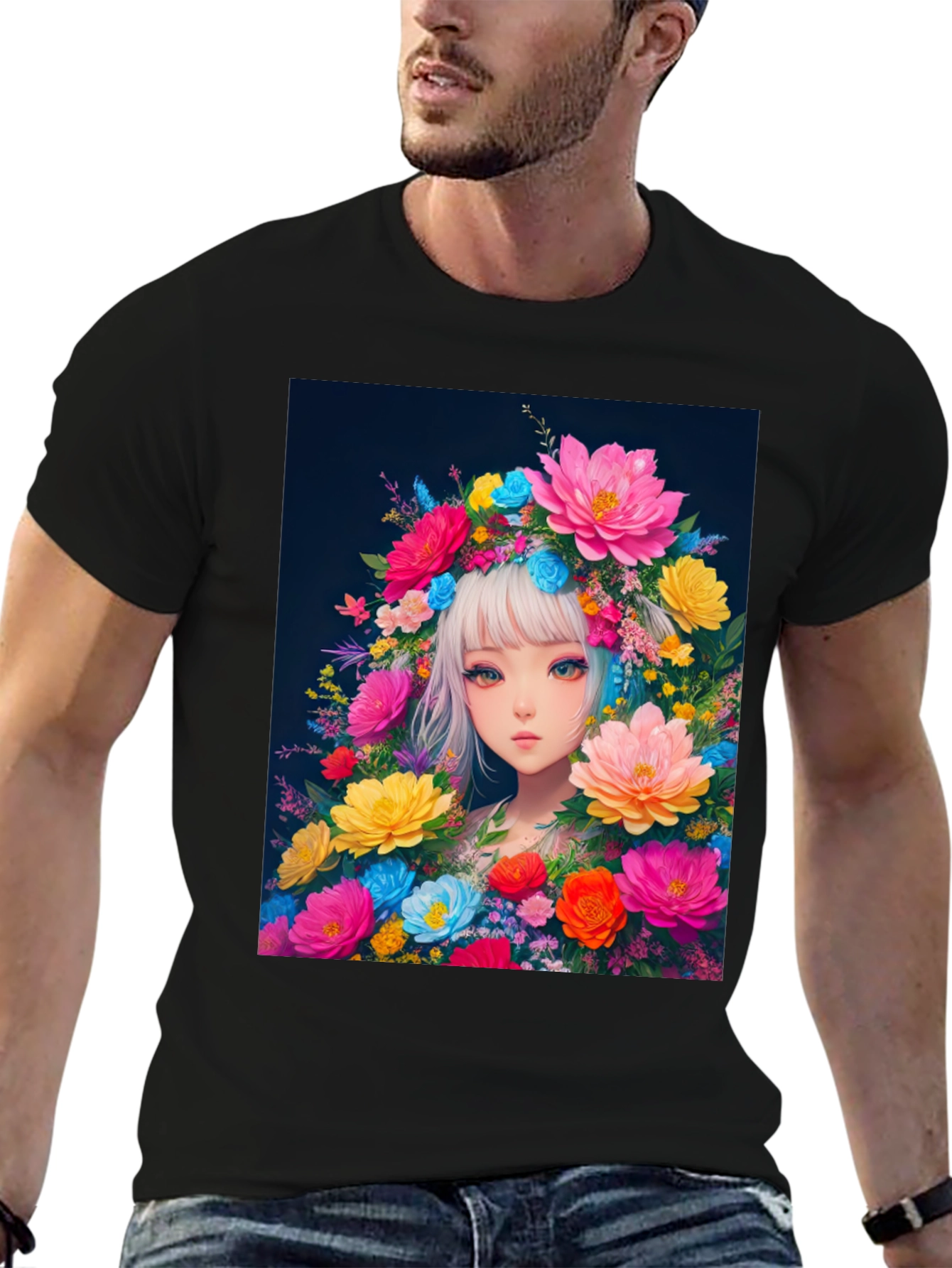 Black Floral Anime Girl Graphic Tee - Black Cotton T-Shirt view 6