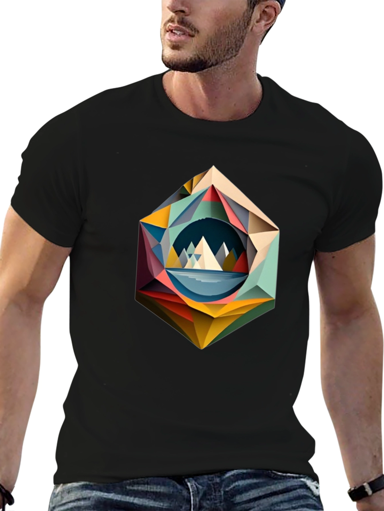 Black Geometric Mountain T-Shirt - Modern Art Design view 6