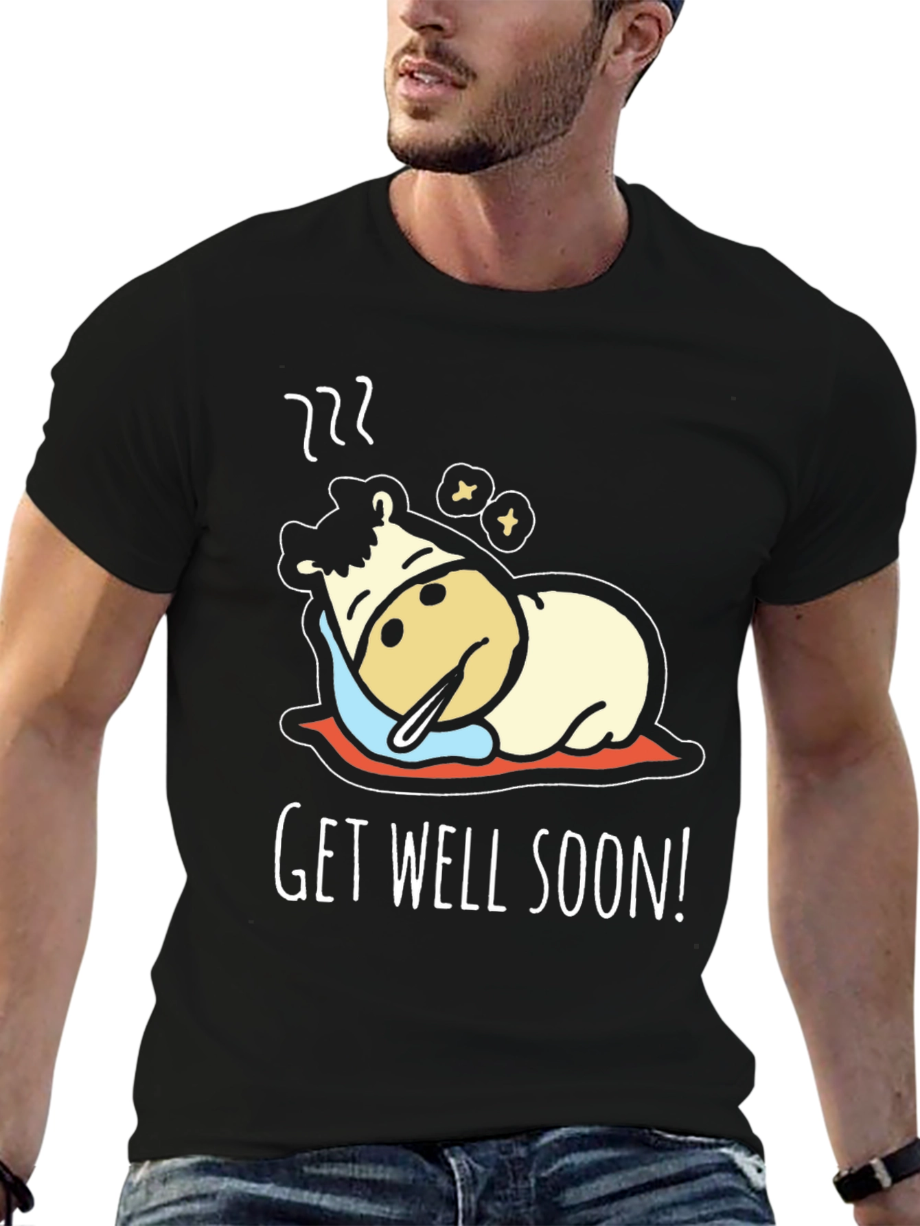 Black Get Well Soon T-Shirt Sick Cow Cartoon Graphic Tee view 6