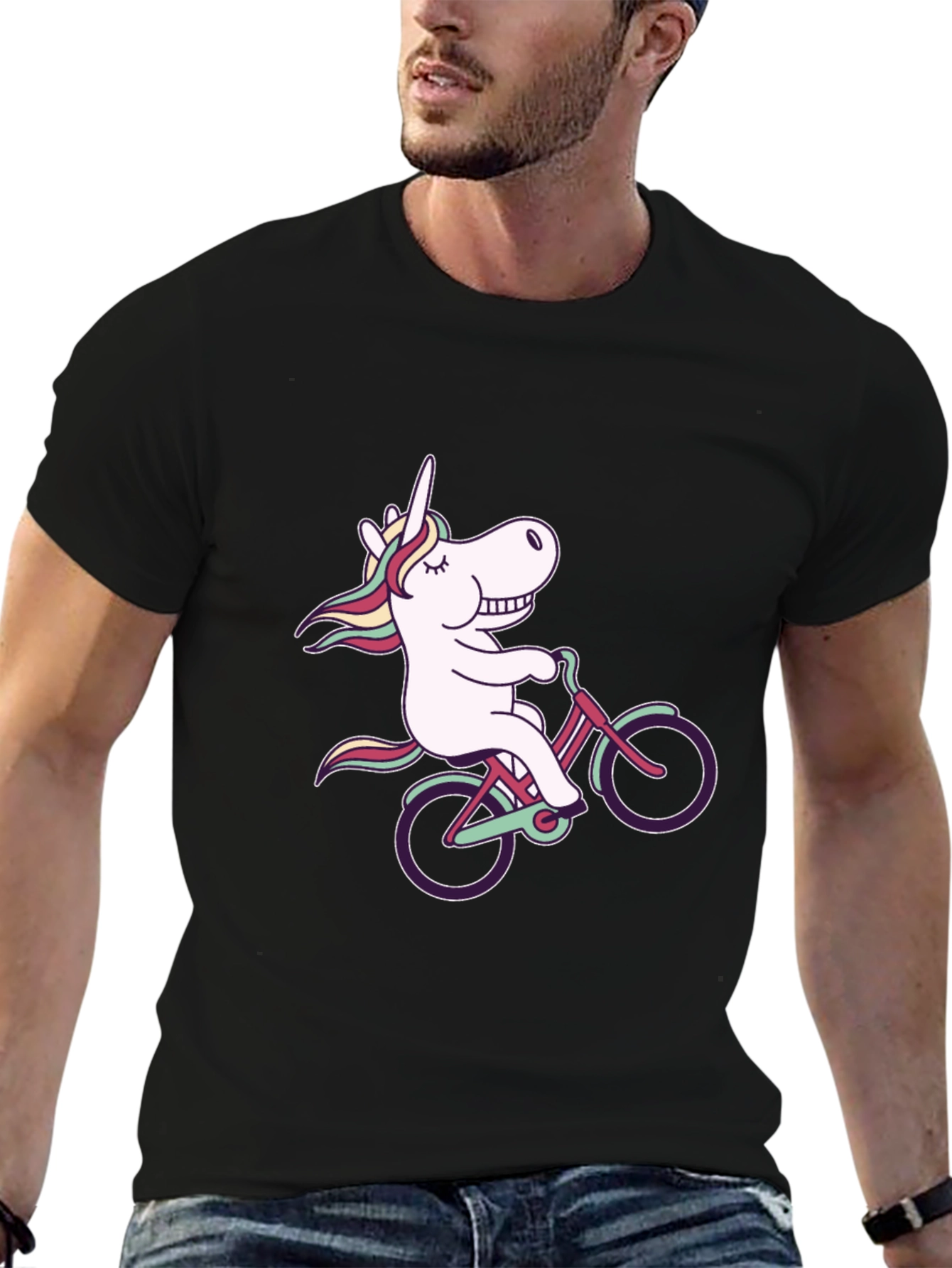 Black Unicorn on Bike Black T-Shirt - Fun Graphic Tee view 6