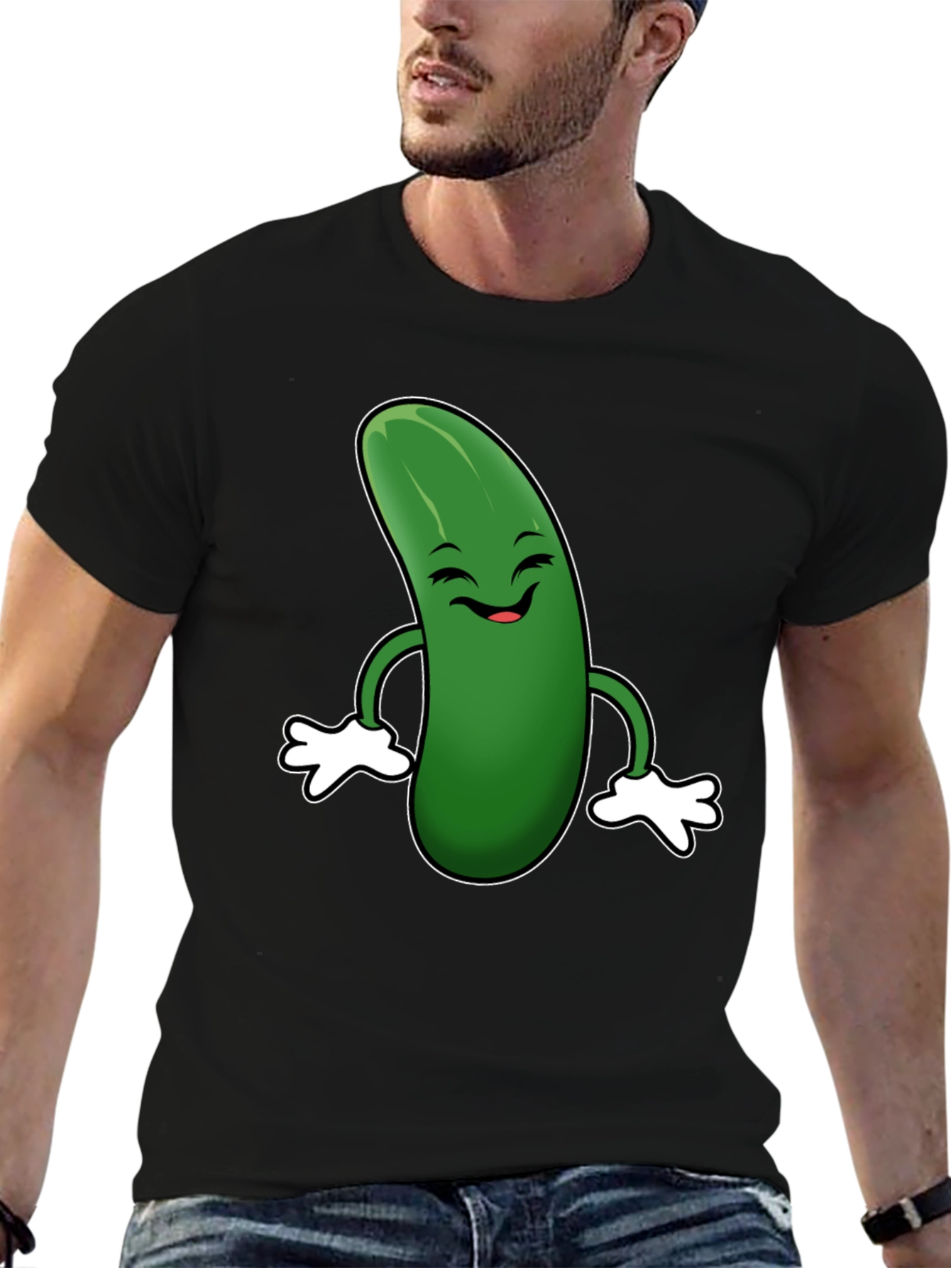 Black Funny Pickle Cartoon Black T-Shirt view 6