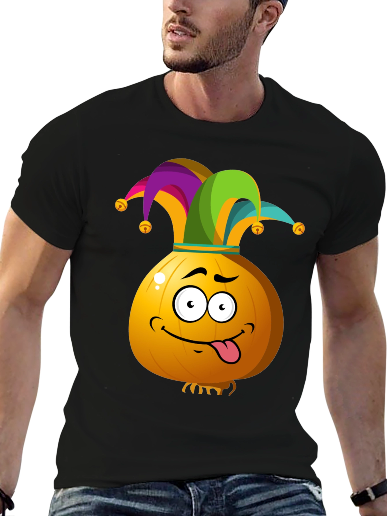 Black Funny Jester Onion Cartoon Graphic T-Shirt view 6