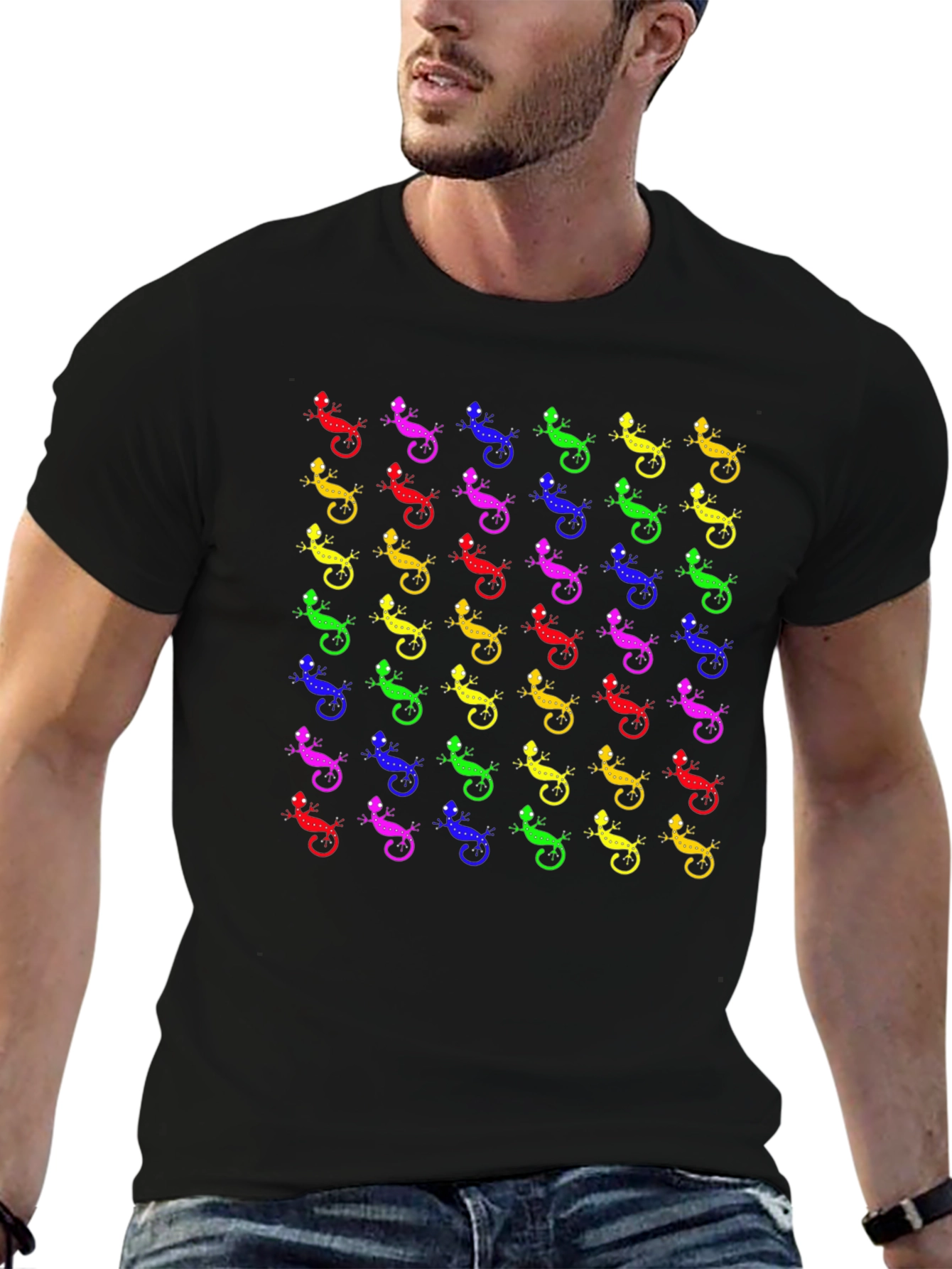 Black Colorful Lizard Print Black T-Shirt view 6