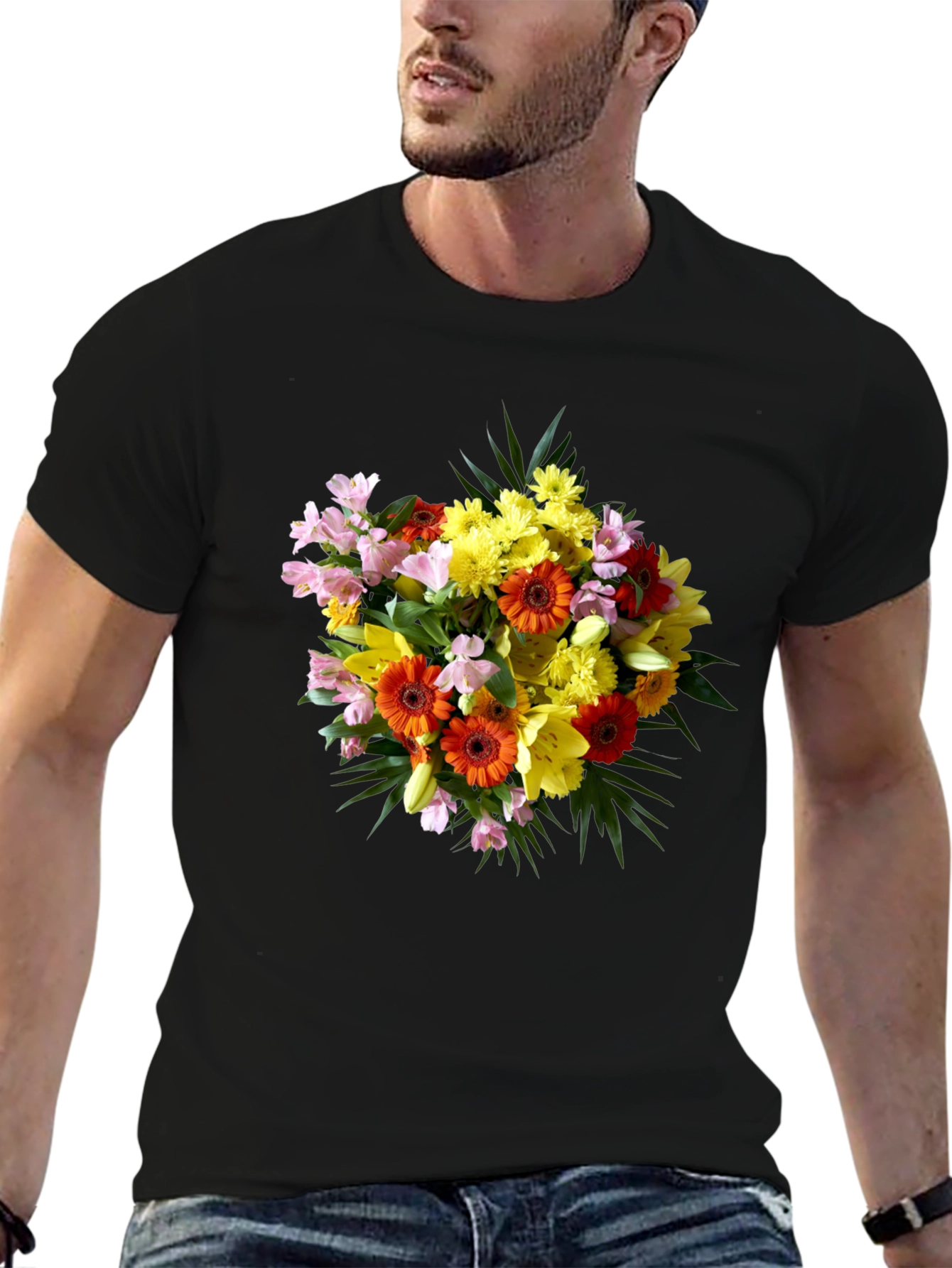 Black Floral Bouquet Graphic Print Black T-Shirt view 6