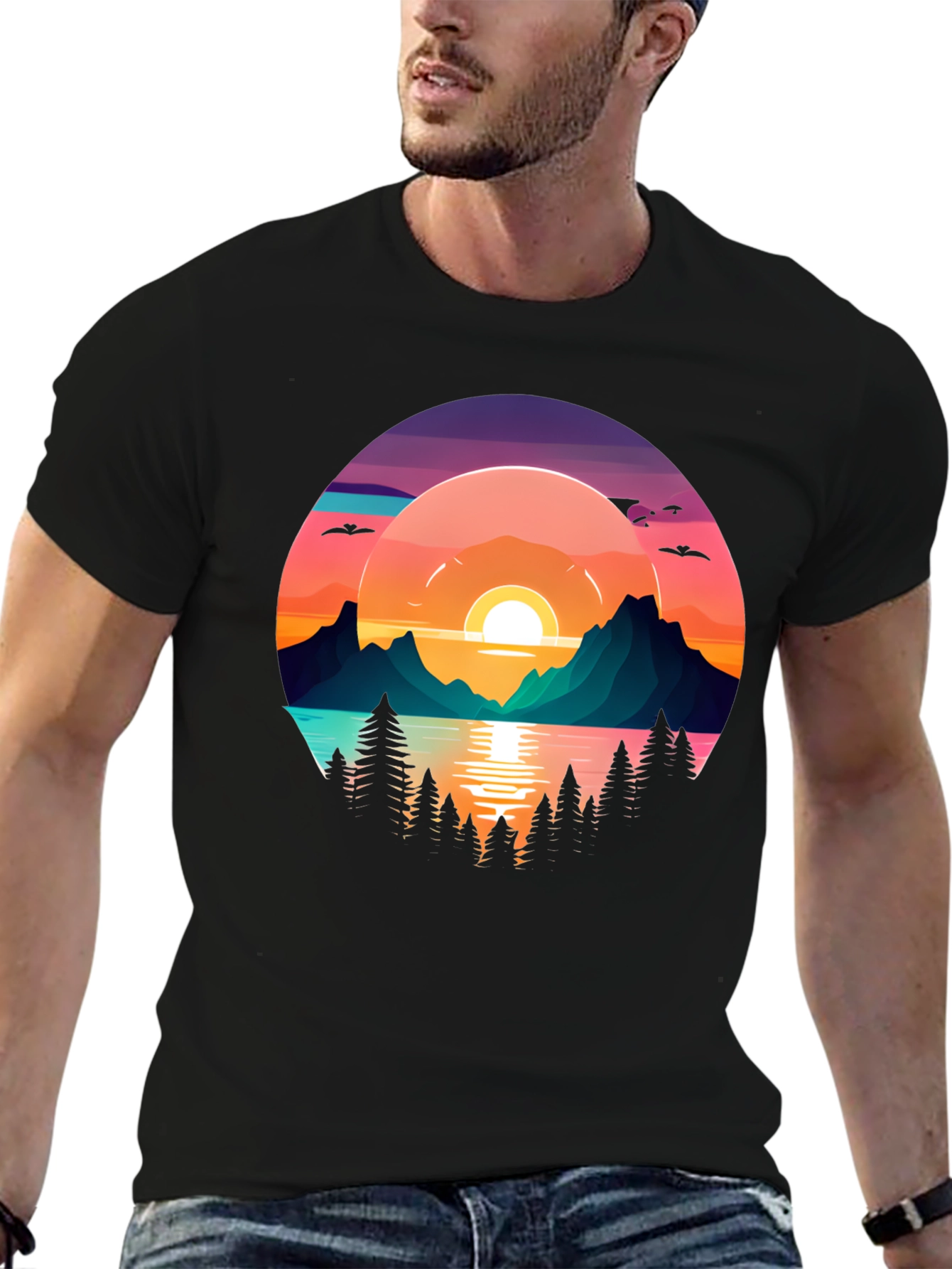 Black Sunset Lake Graphic T-Shirt view 6