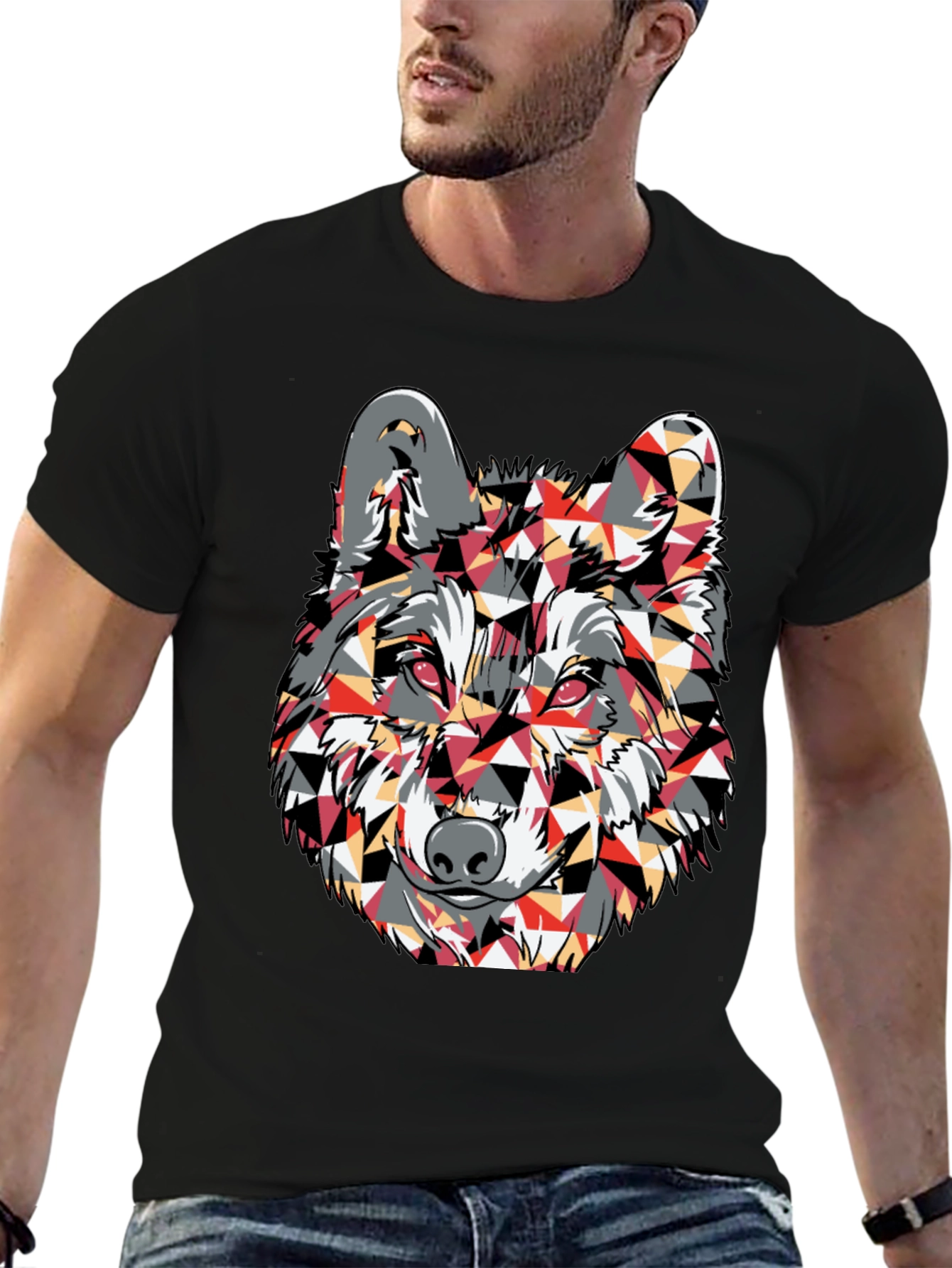 Black Geometric Wolf Graphic Print T-Shirt view 6