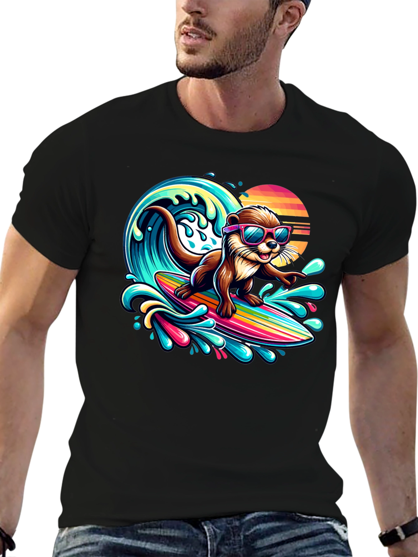 Black Surfing Otter T-Shirt - Cool Cartoon Graphic Tee view 6