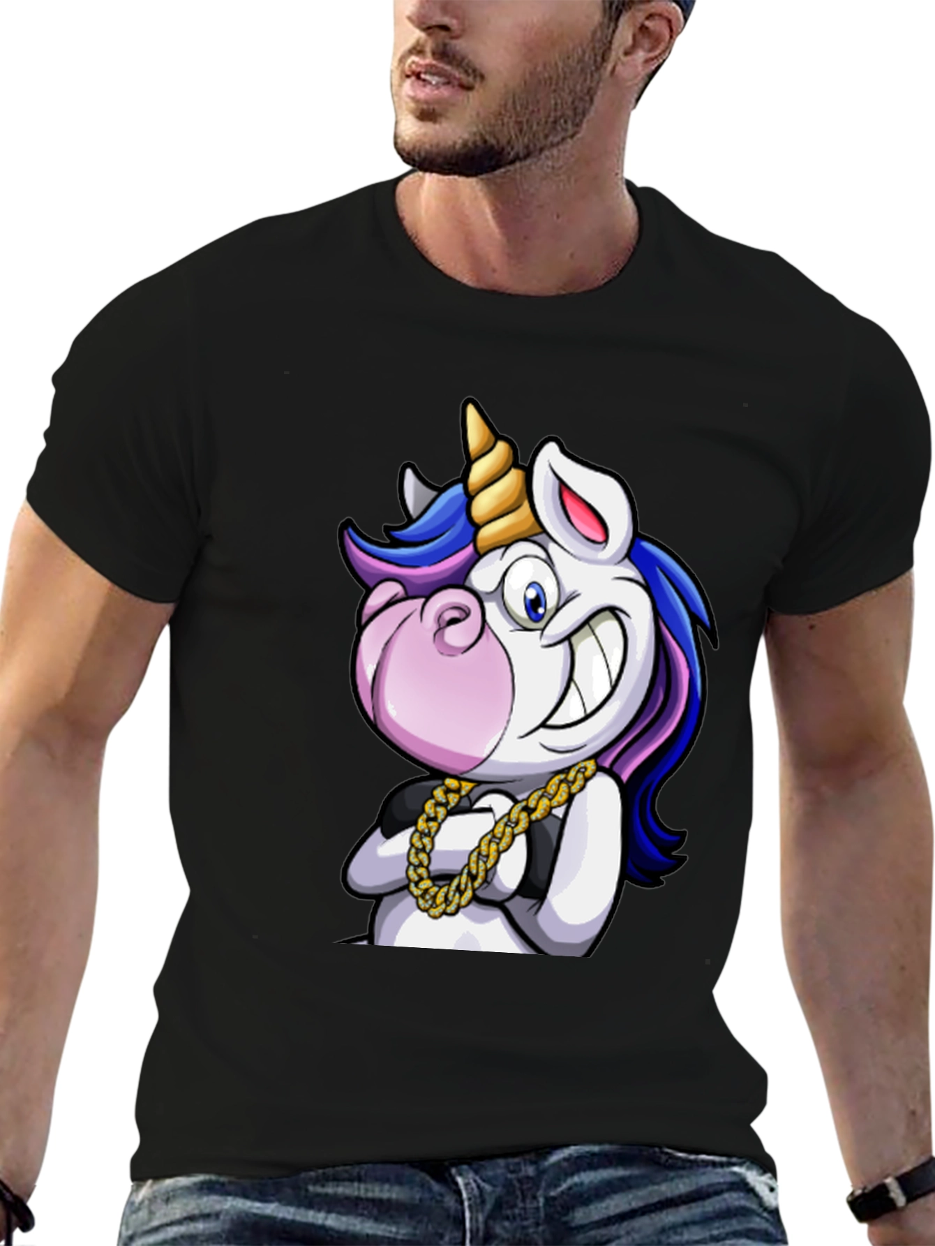 Black Unicorn Swag T-Shirt - Cartoon Graphic Tee view 6