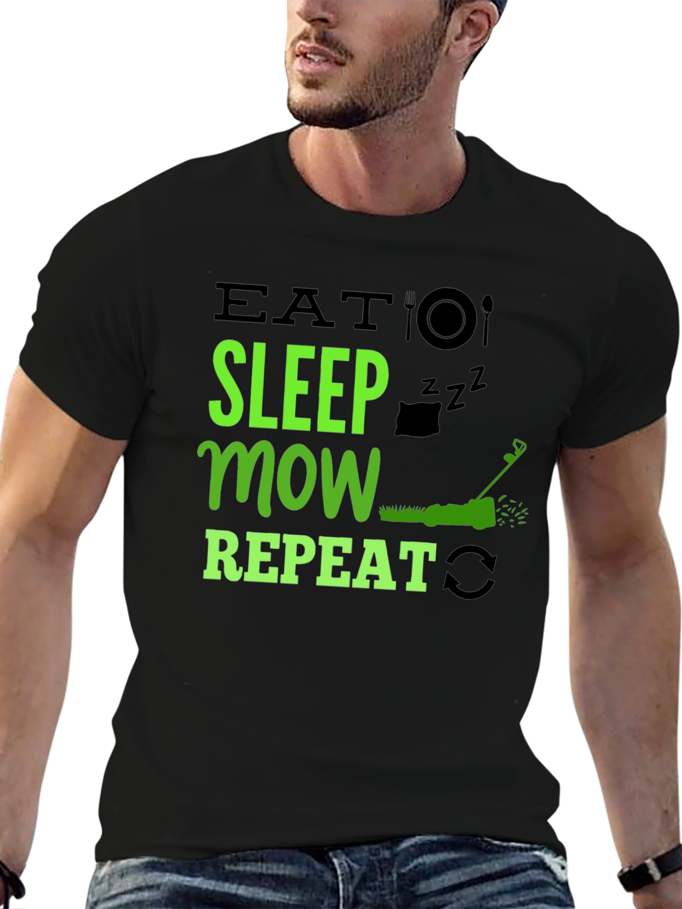 Black Eat Sleep Mow Repeat T-Shirt - Lawn Care Humor view 6