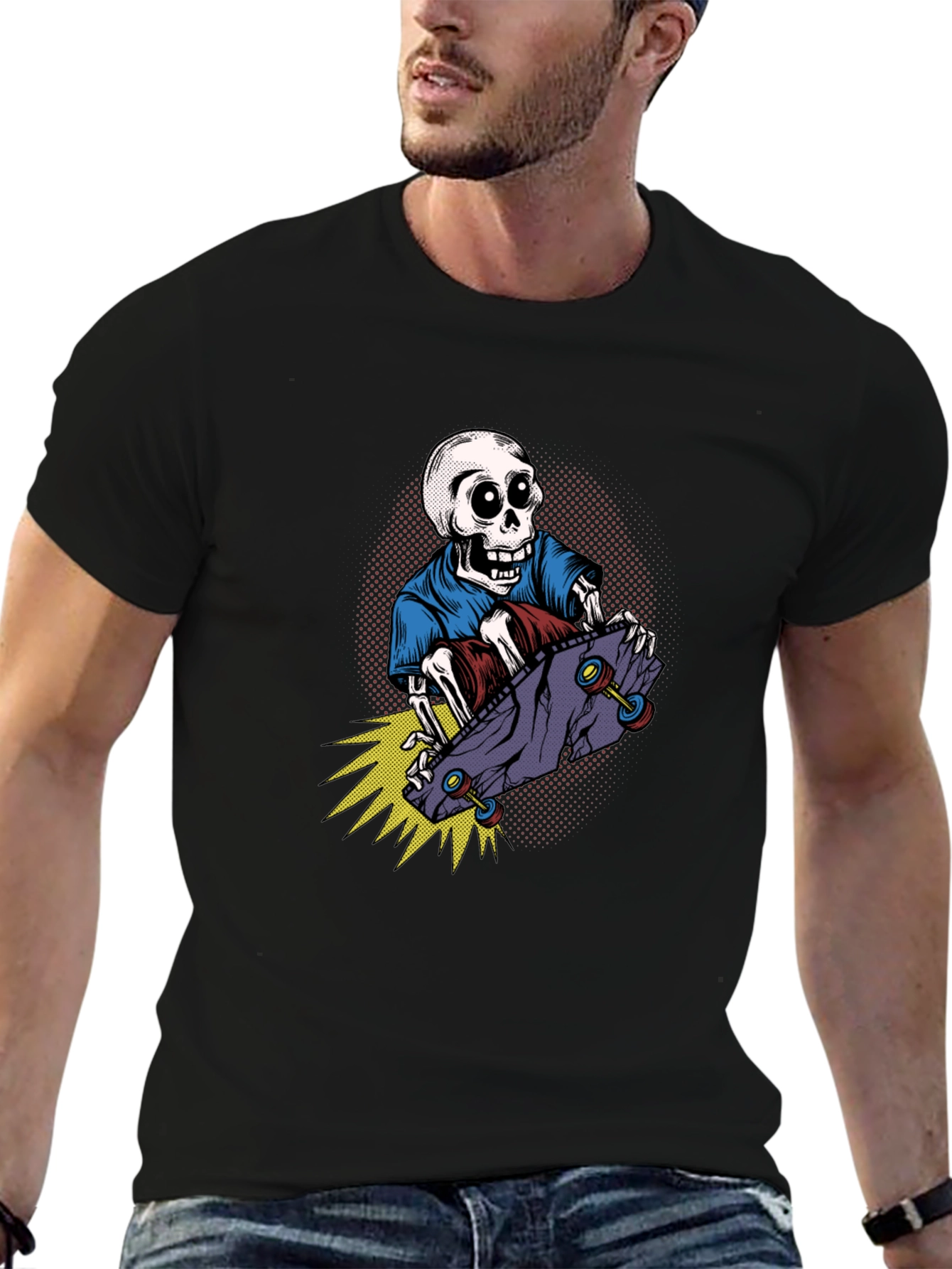 Black Skateboarding Skeleton Graphic T-Shirt view 6