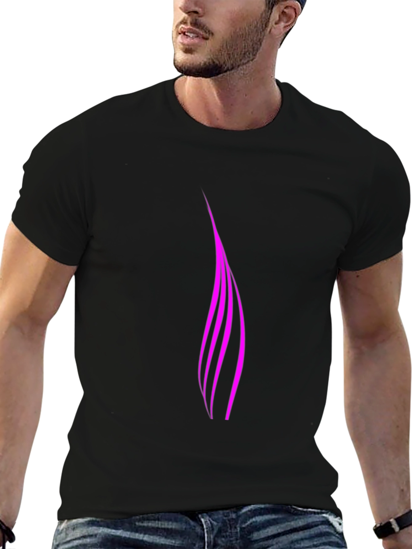 Black Modern Pink Stripe Tee - Men's Casual Black T-Shirt view 6