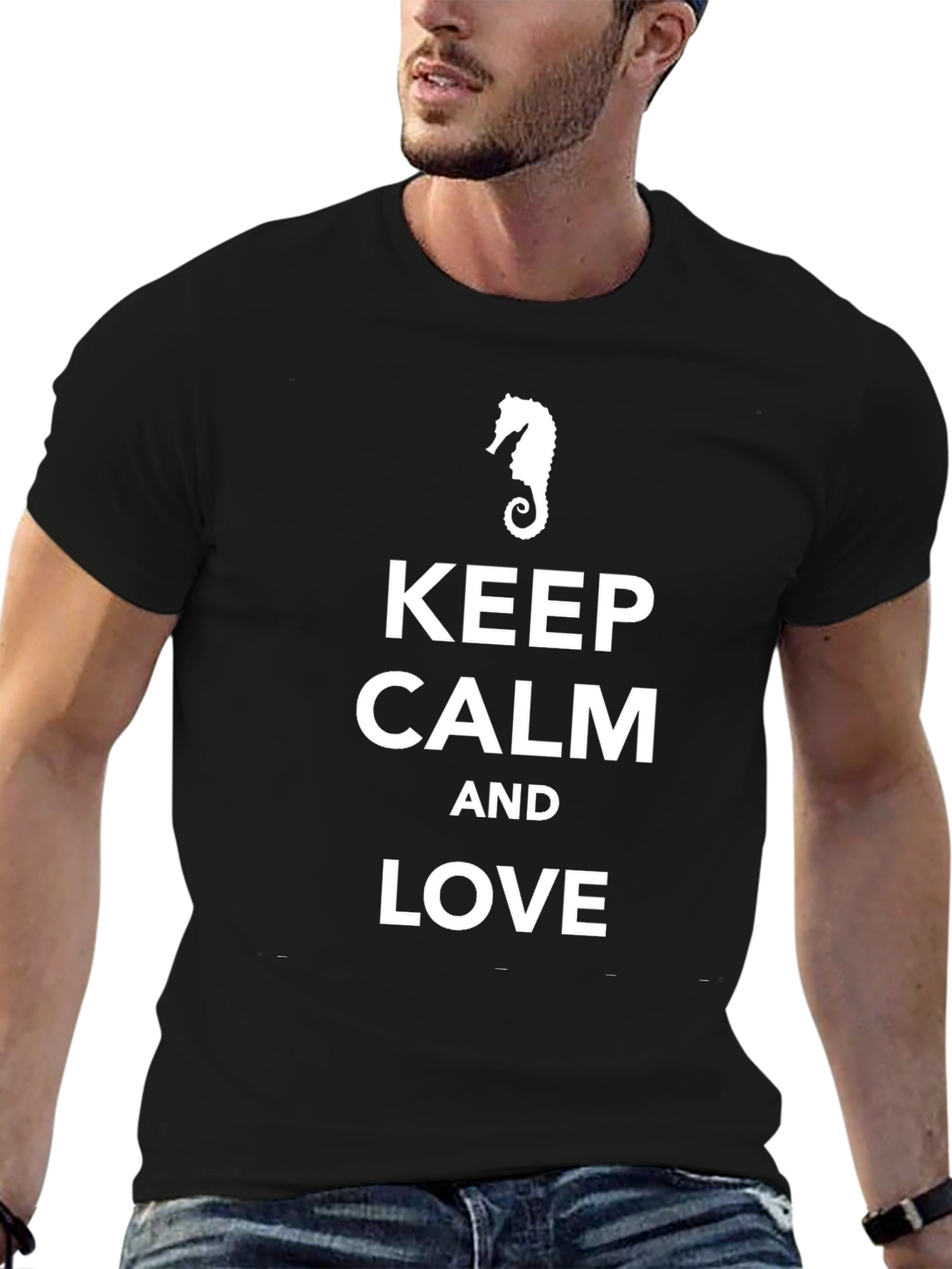Black Keep Calm & Love Seahorses - Unisex T-Shirt view 6