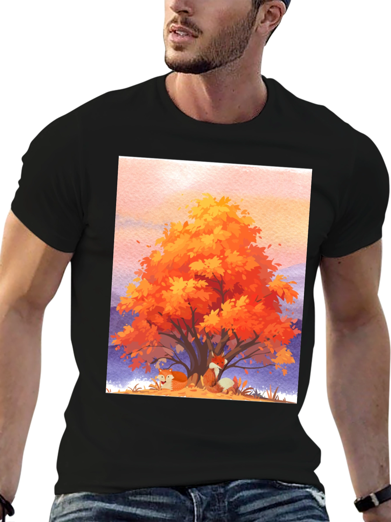 Black Autumn Fox Tree Graphic Tee - Comfortable Cotton Blend view 6