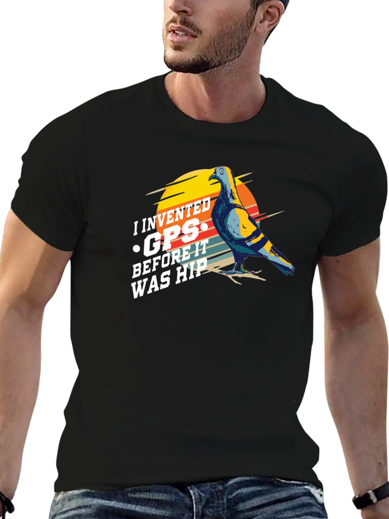 Black I Invented GPS Pigeon T-Shirt - Funny Bird Tee view 6
