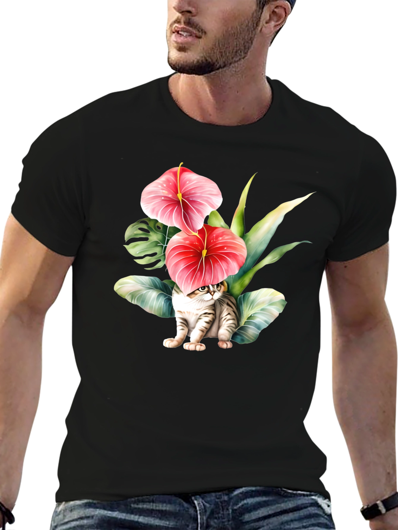 Black Floral Cat T-Shirt - Unique Graphic Tee view 6
