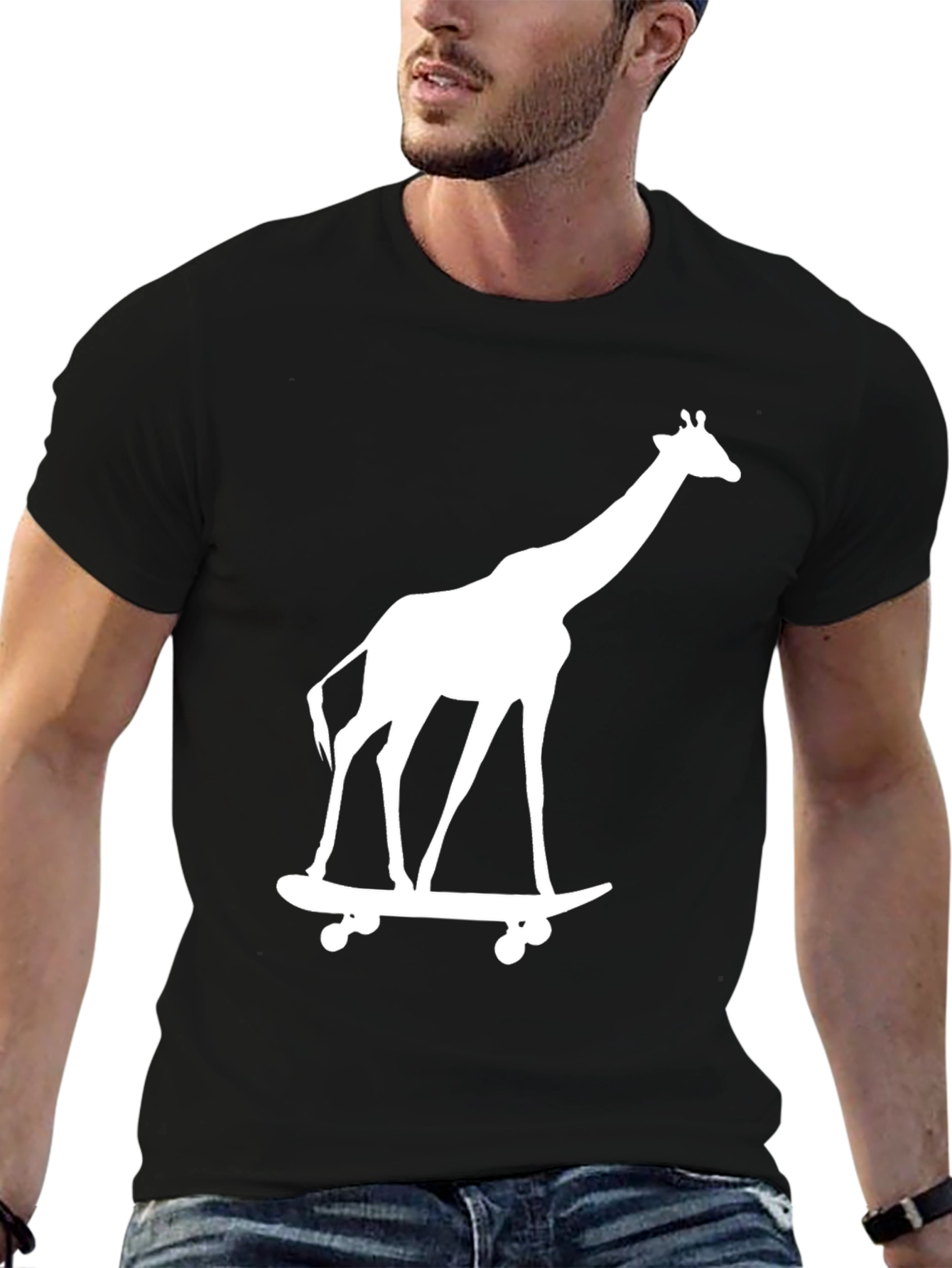 Black Giraffe on Skateboard Graphic Tee - Black Cotton T-Shirt view 6