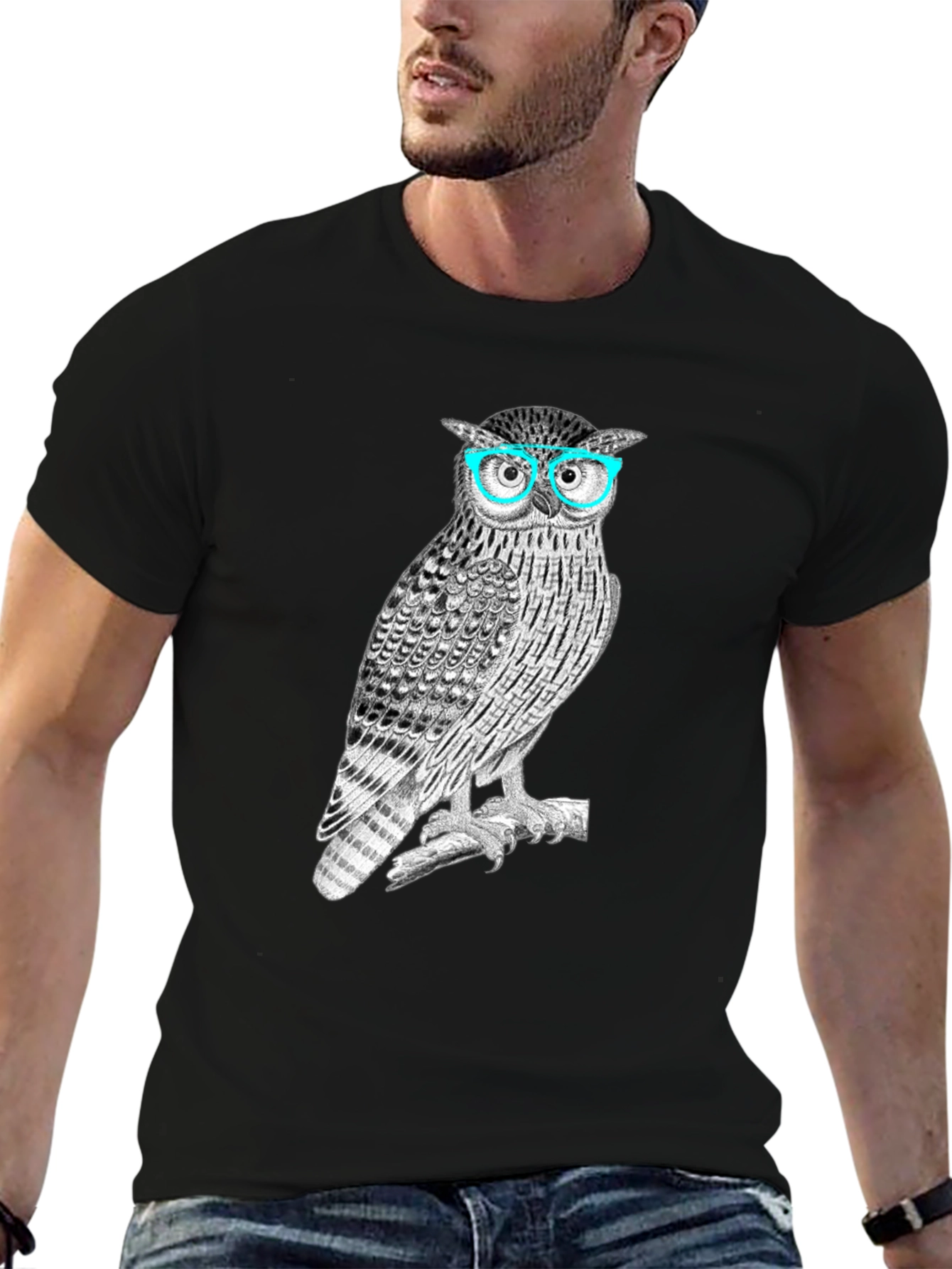 Black Owl with Glasses Graphic Tee - Men's Black T-Shirt view 6