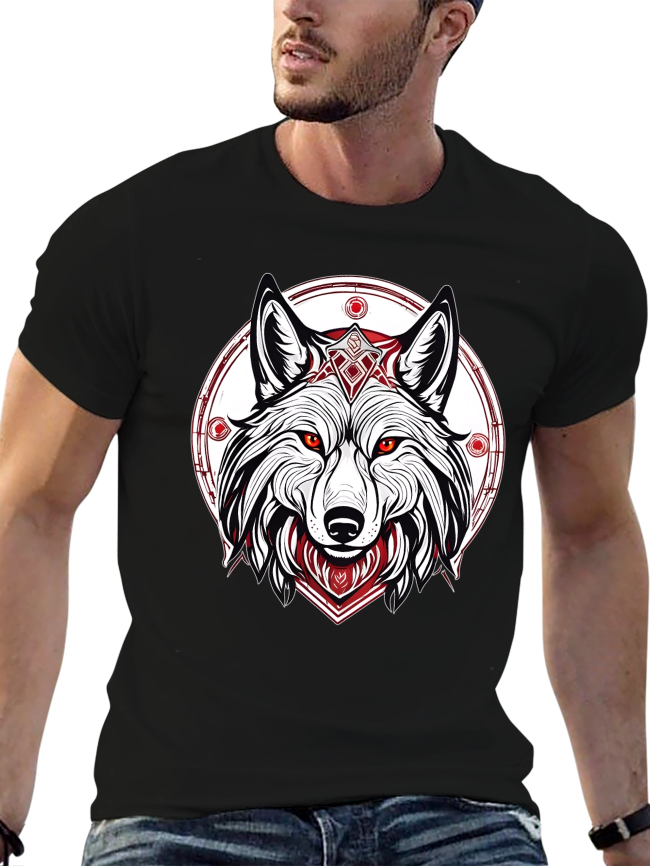 Black Men's Black T-Shirt with Wolf Graphic view 6