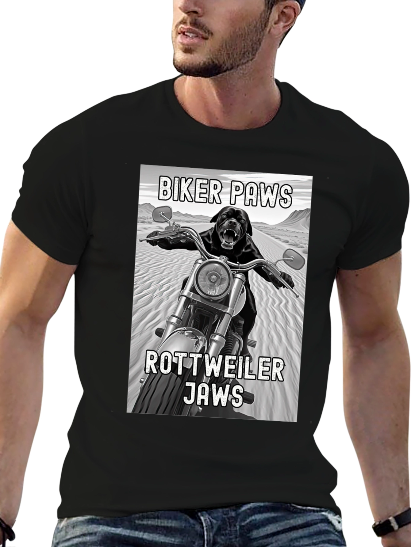 Black Biker Paws Rottweiler Jaws Graphic T-Shirt view 6