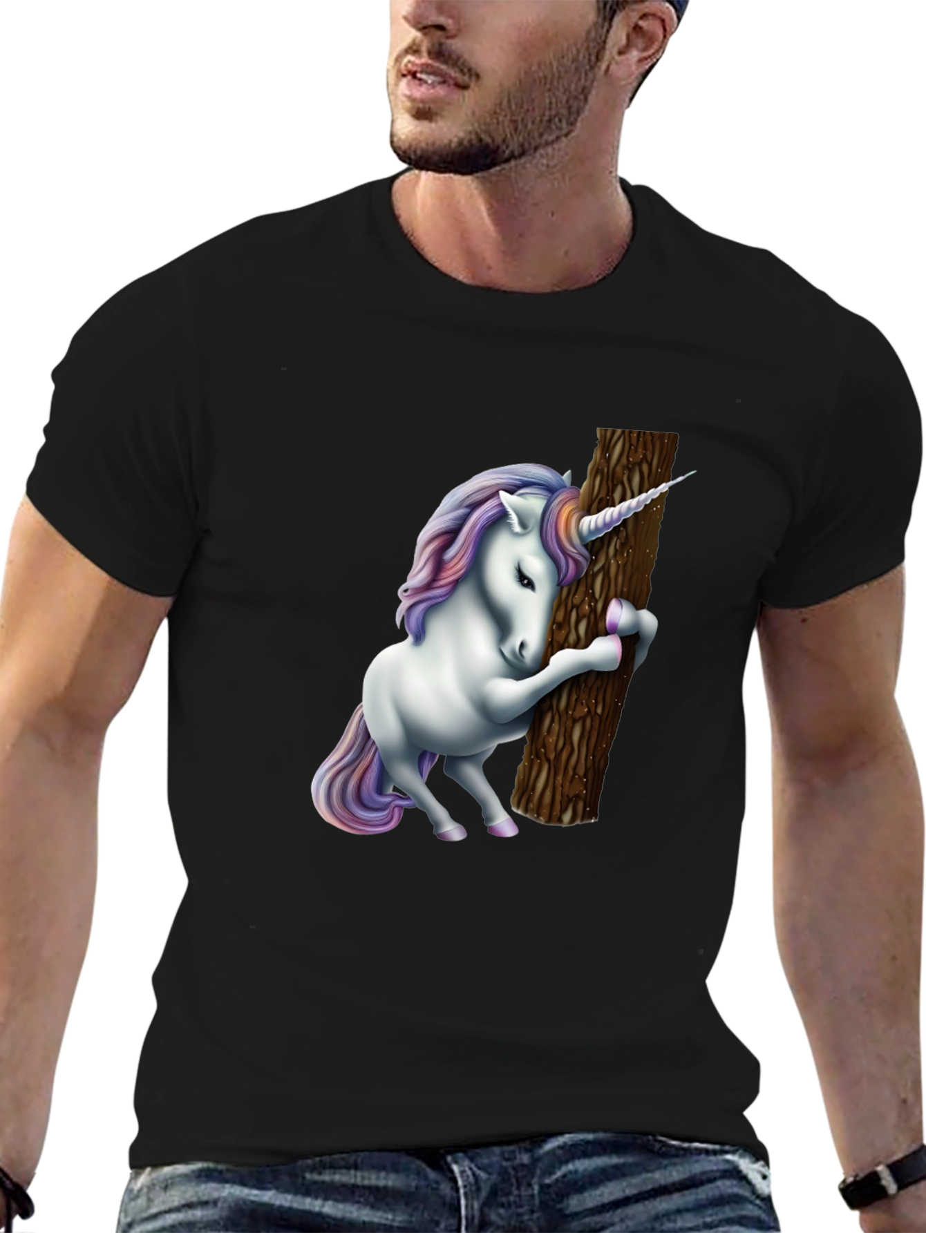 Black Unicorn Hugging Tree Graphic Tee - Black Cotton Blend view 6