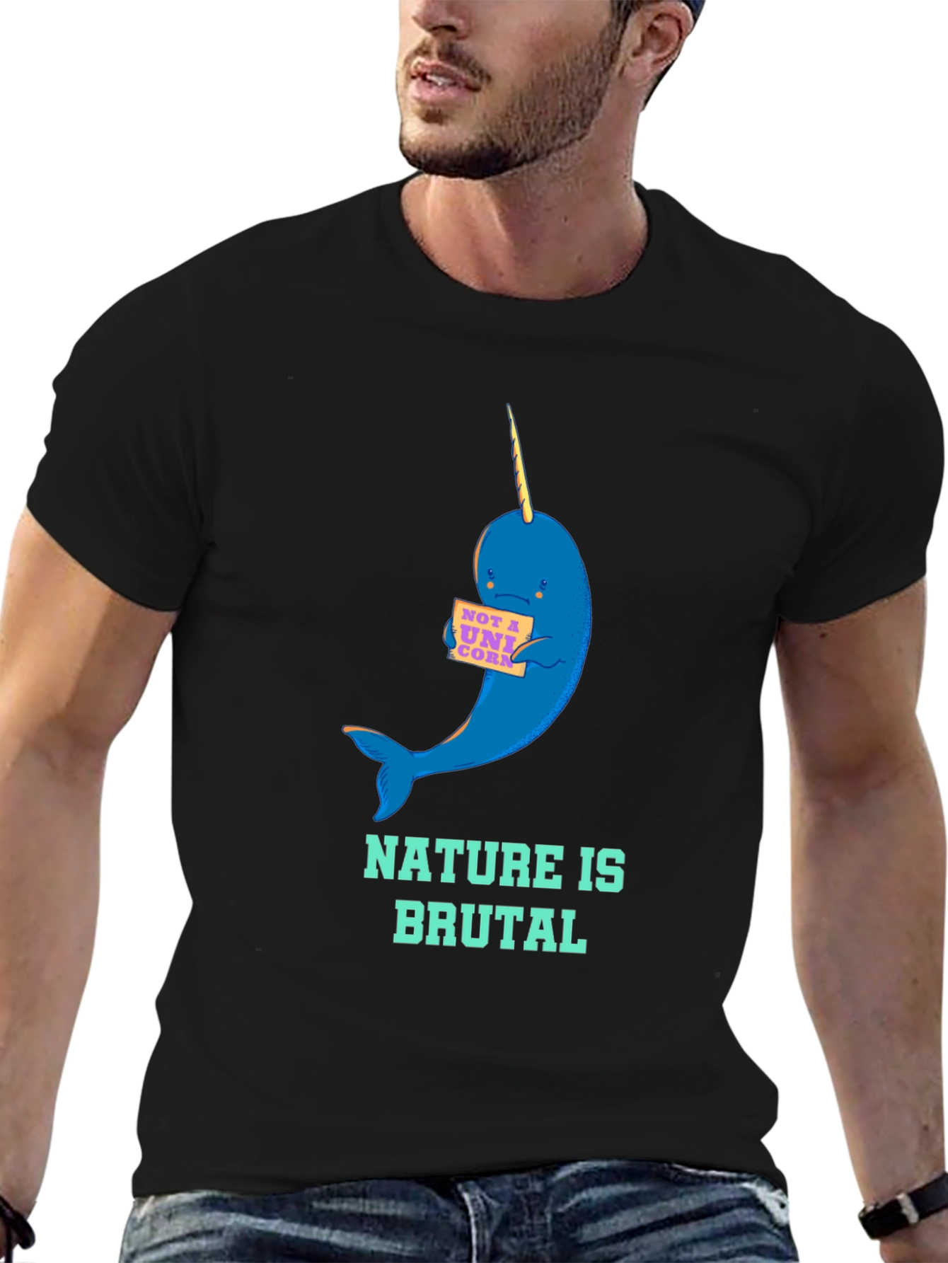 Black Nature is Brutal Narwhal Graphic Tee view 6
