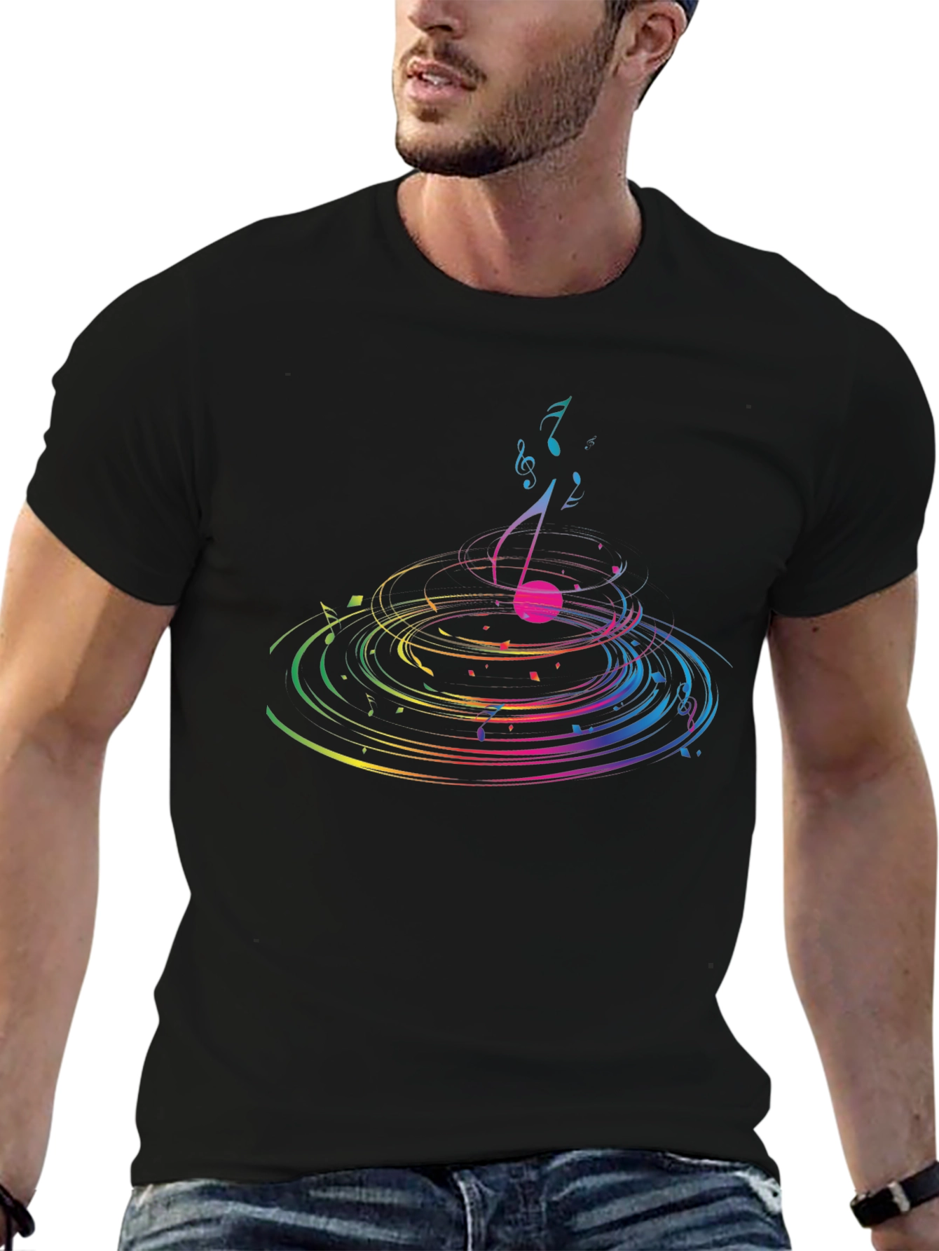 Black Musical Note Ripple Graphic T-Shirt - Black view 6
