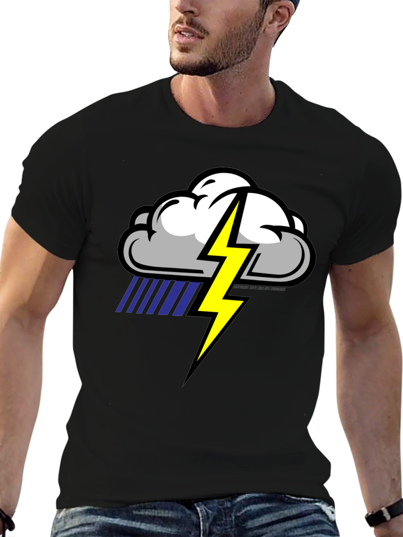 Black Storm Cloud Lightning Graphic Black T-Shirt view 6