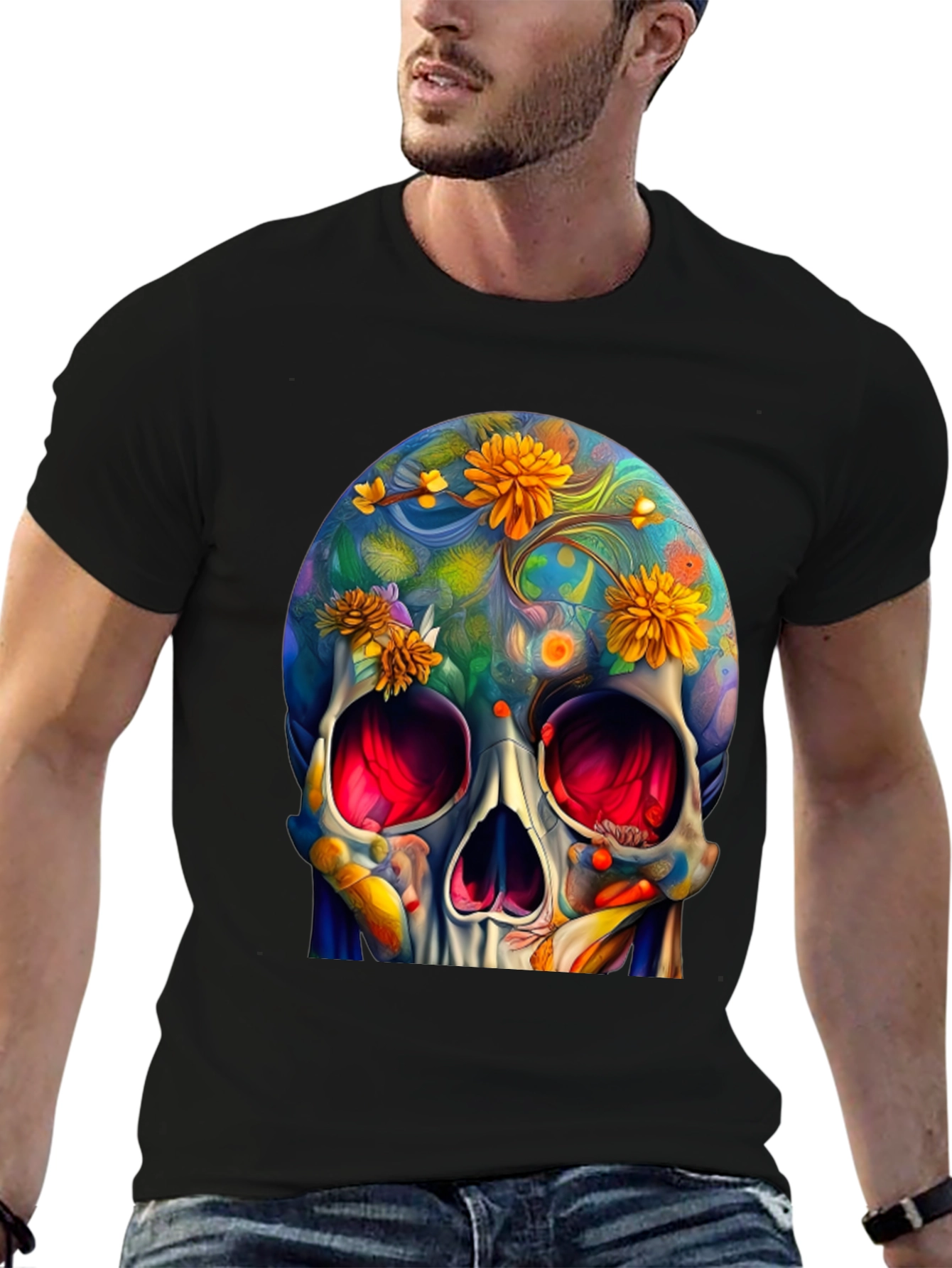 Black Floral Skull Graphic Tee - Unique Art Design view 6