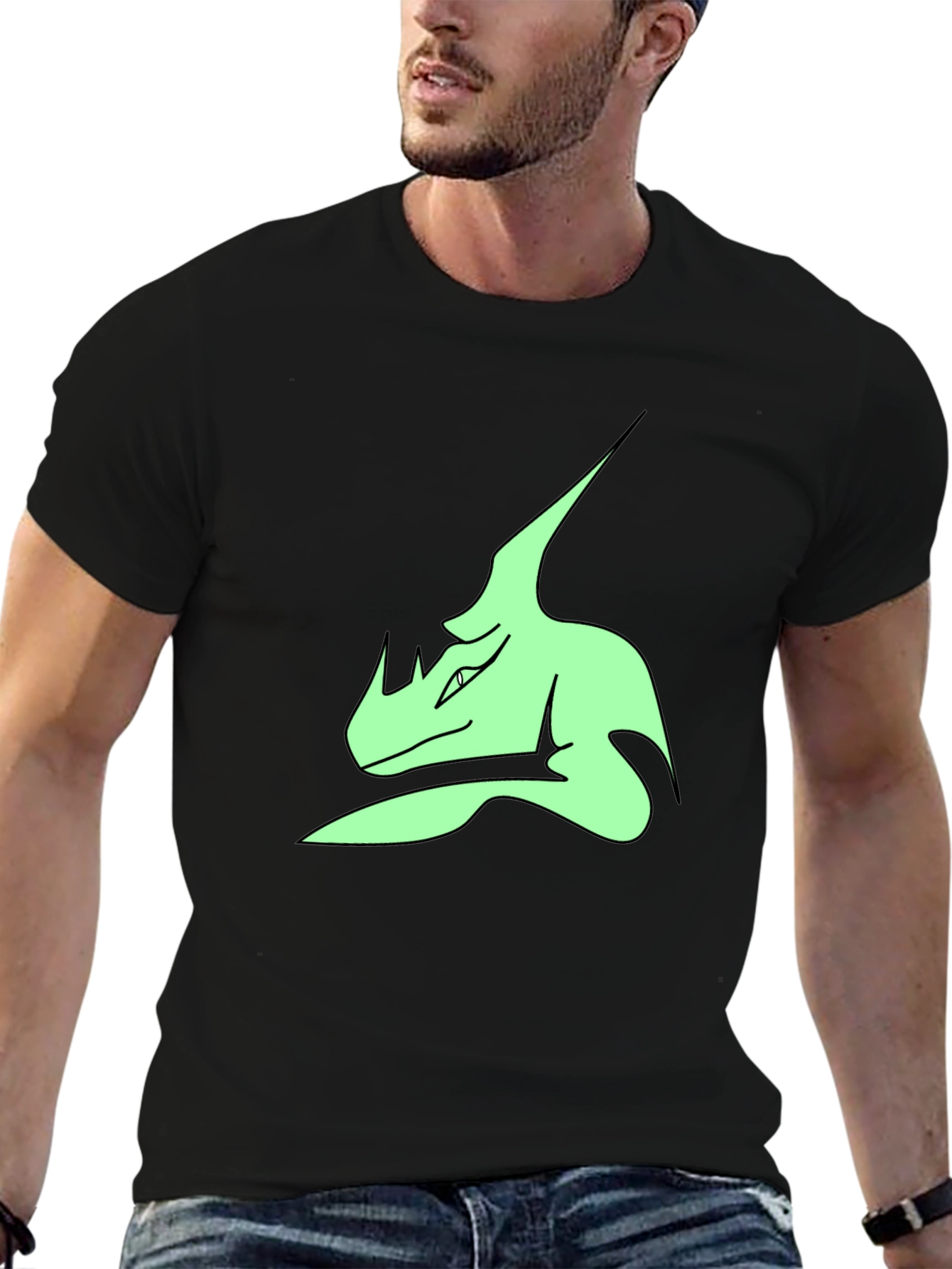 Black Stylish Black T-Shirt with Green Dinosaur Graphic Print view 6