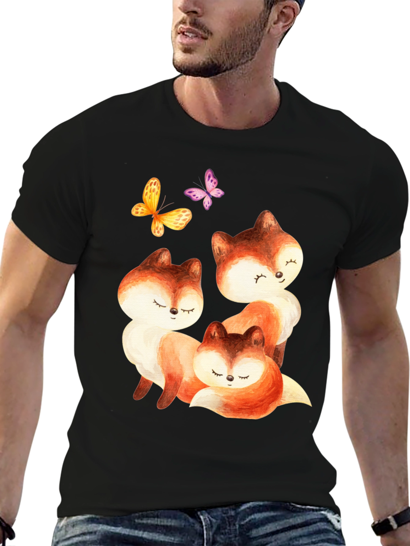 Black Cute Fox & Butterfly Graphic Tee view 6