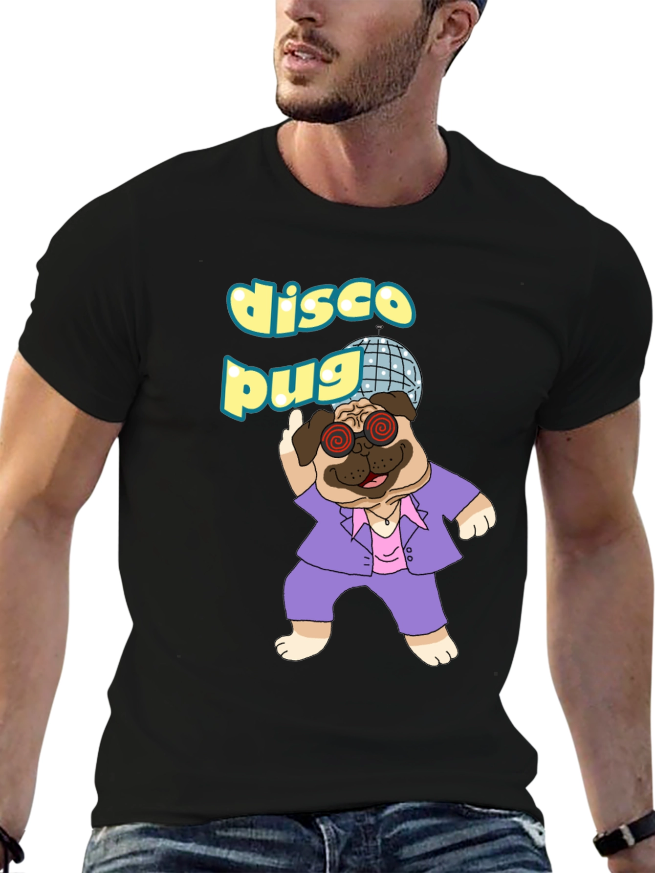 Black Disco Pug Graphic T-Shirt - Groovy Style view 6