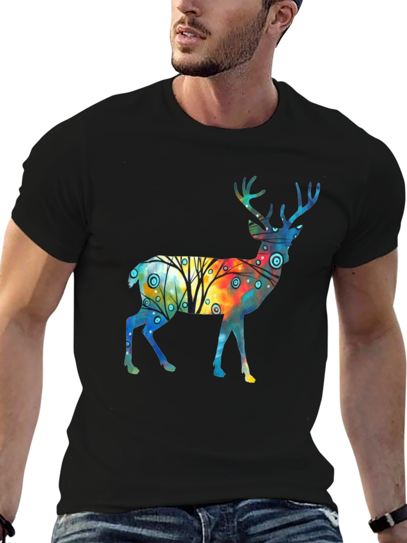 Black Watercolor Deer Graphic Tee - Stylish Black T-Shirt view 6