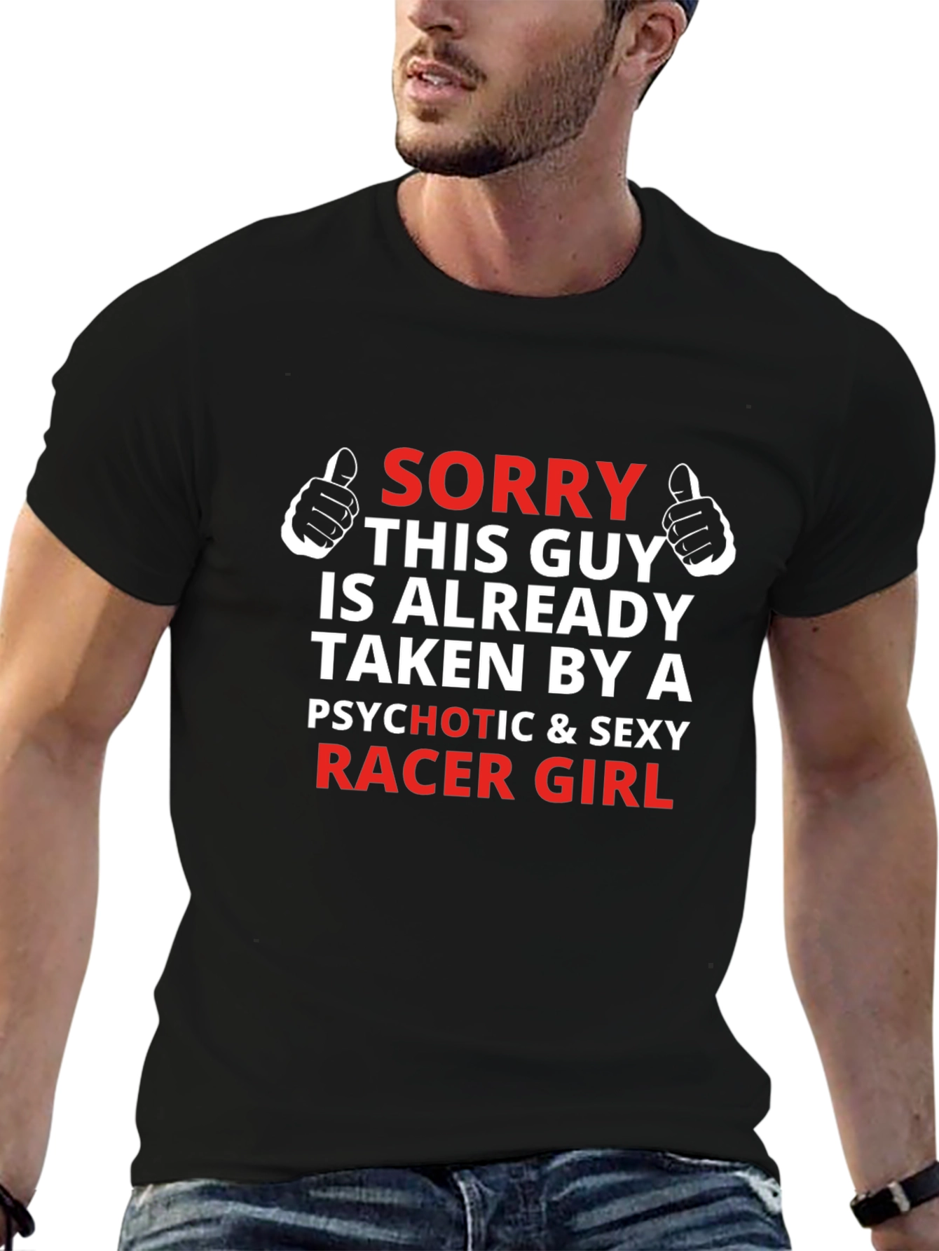 Black Funny Racer Girl T-Shirt - Sorry This Guy Is Taken view 6