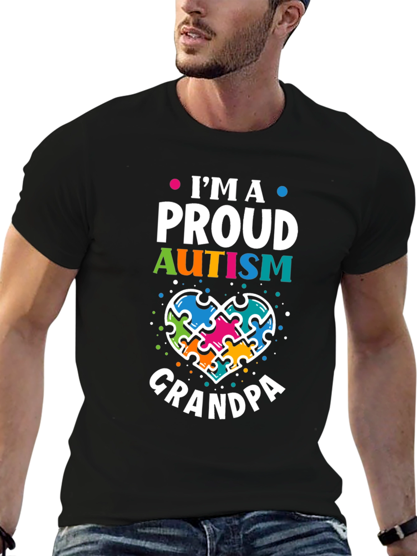 Black Proud Autism Grandpa T-Shirt Puzzle Piece Heart Support view 6