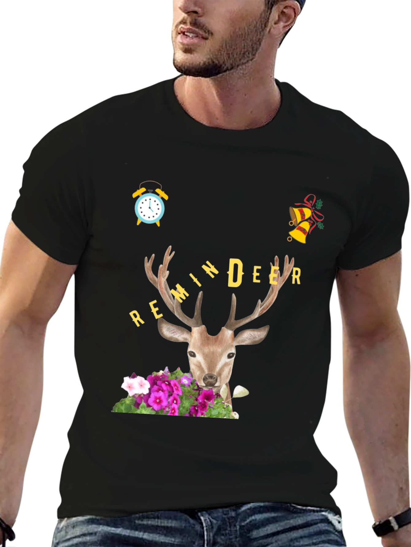 Black Remindeer Graphic Tee - Holiday Novelty Shirt view 6