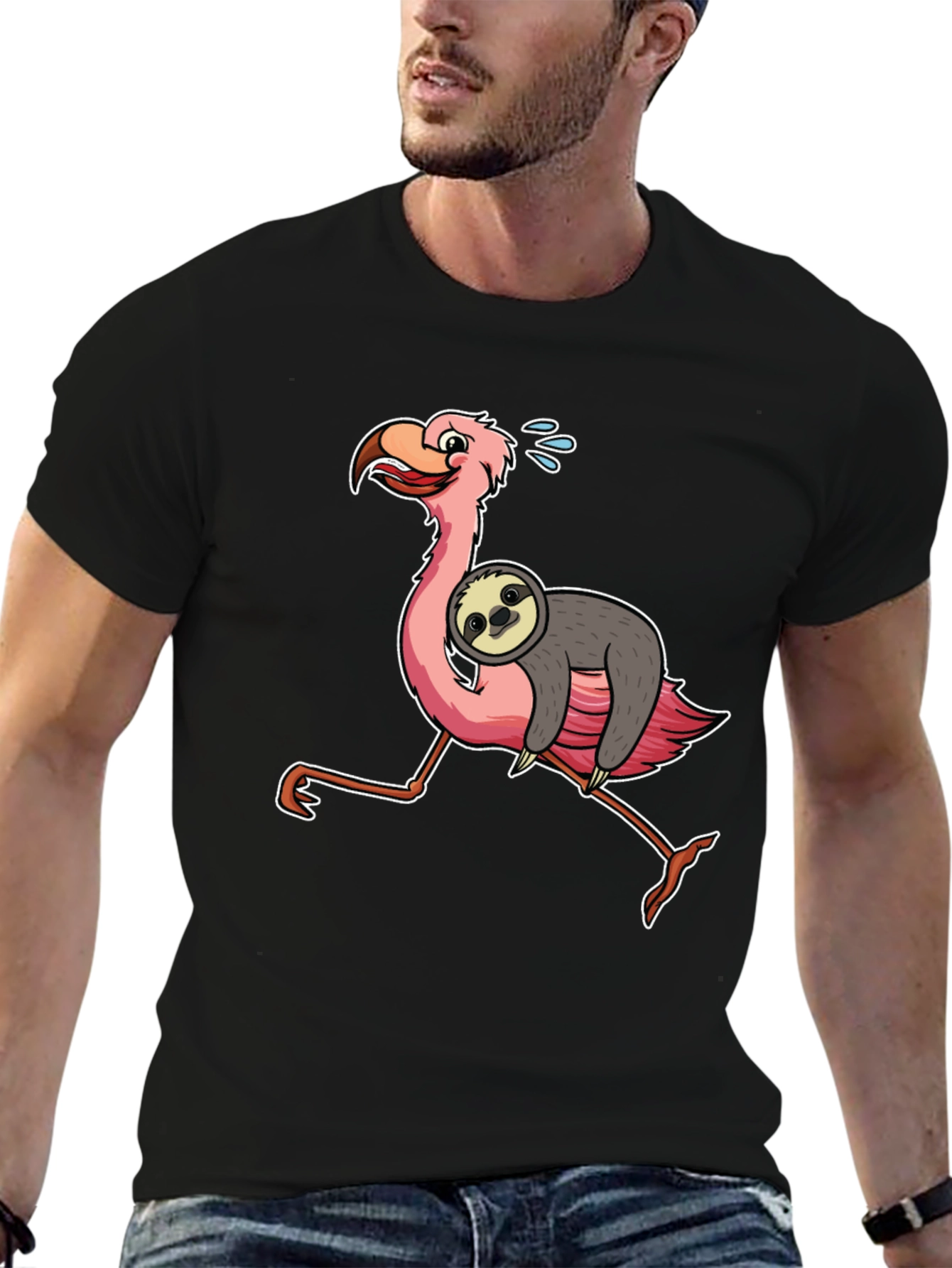 Black Sloth Riding Flamingo Graphic Tee view 6