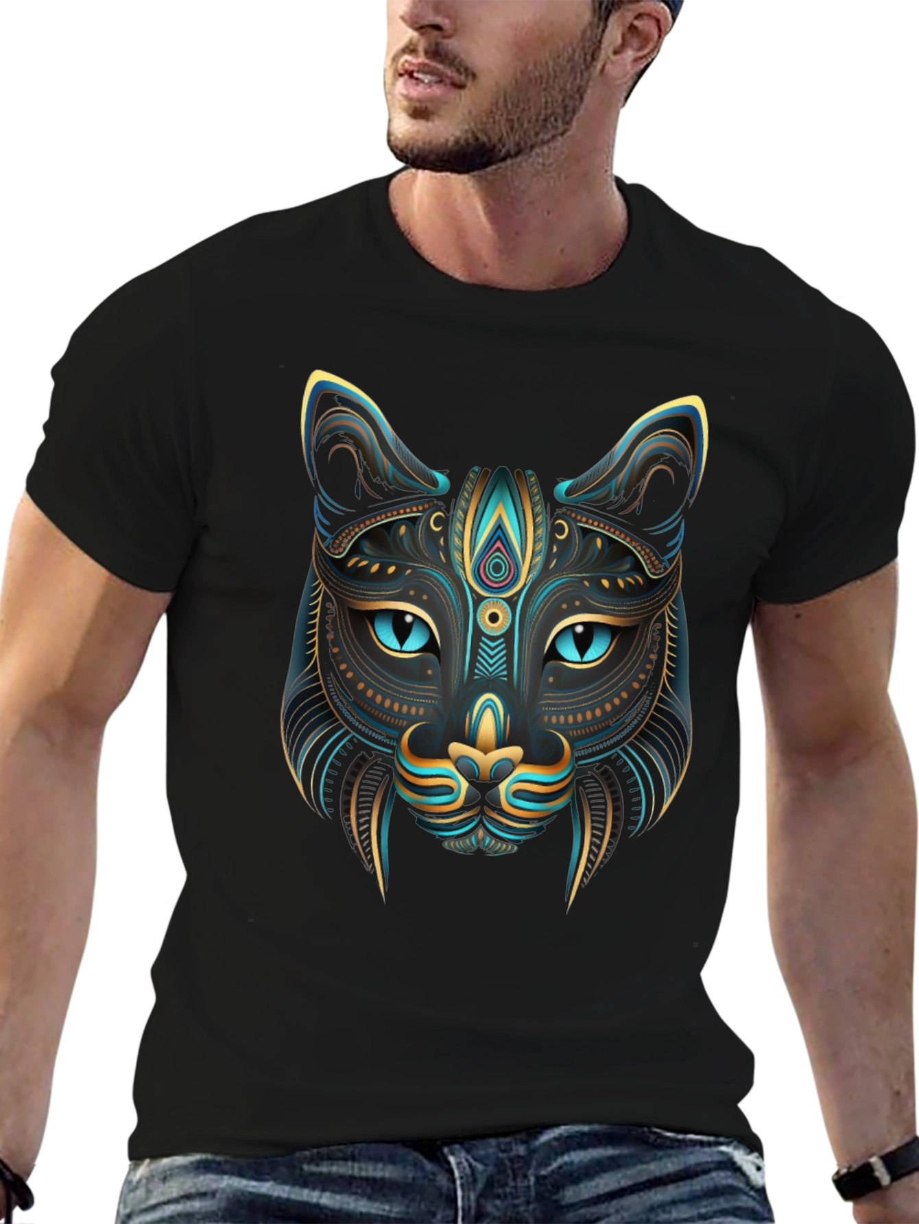 Black Mystic Cat Graphic Tee - Stylish Men's T-Shirt view 6