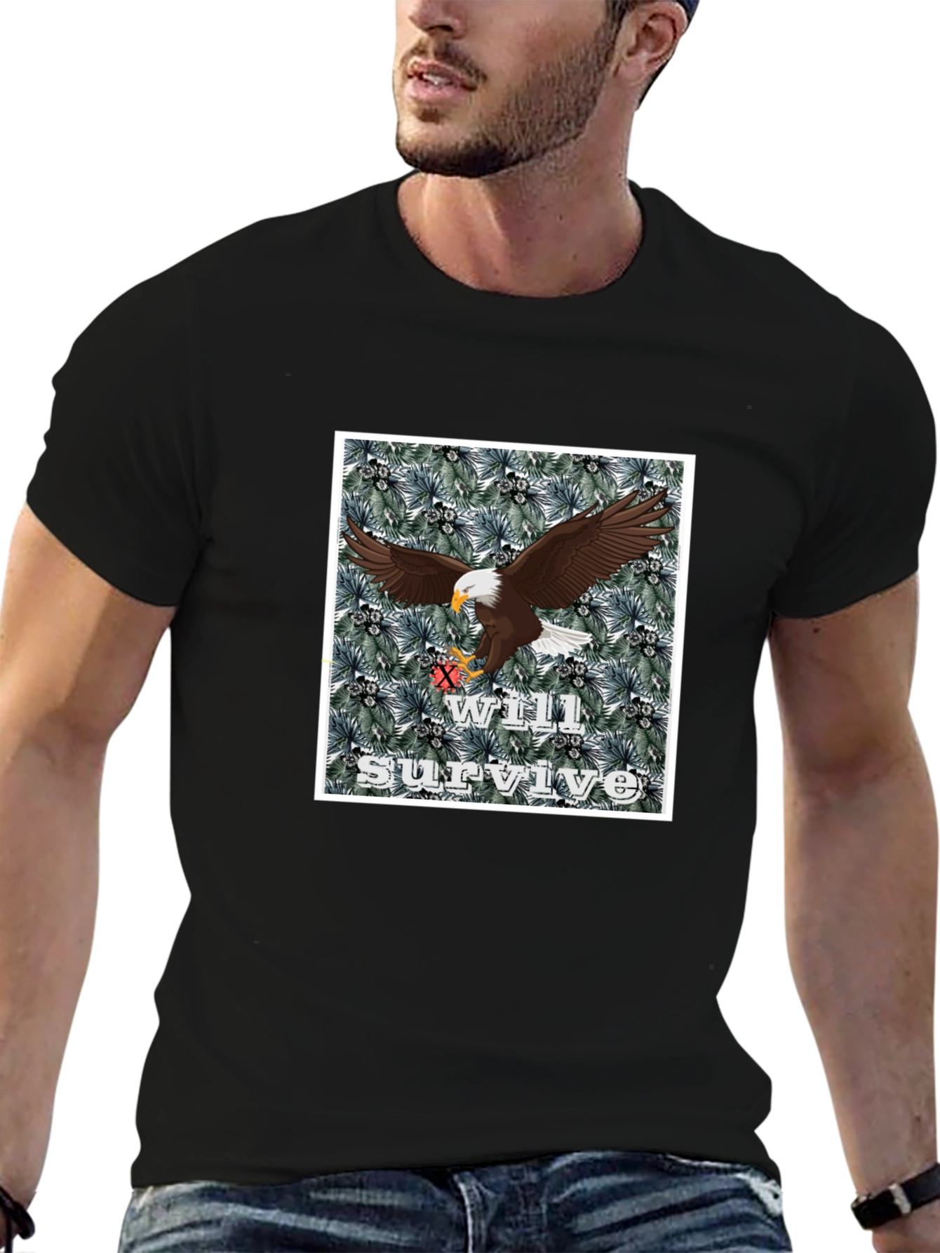 Black Eagle Will Survive Graphic Tee - Black Cotton Blend view 6