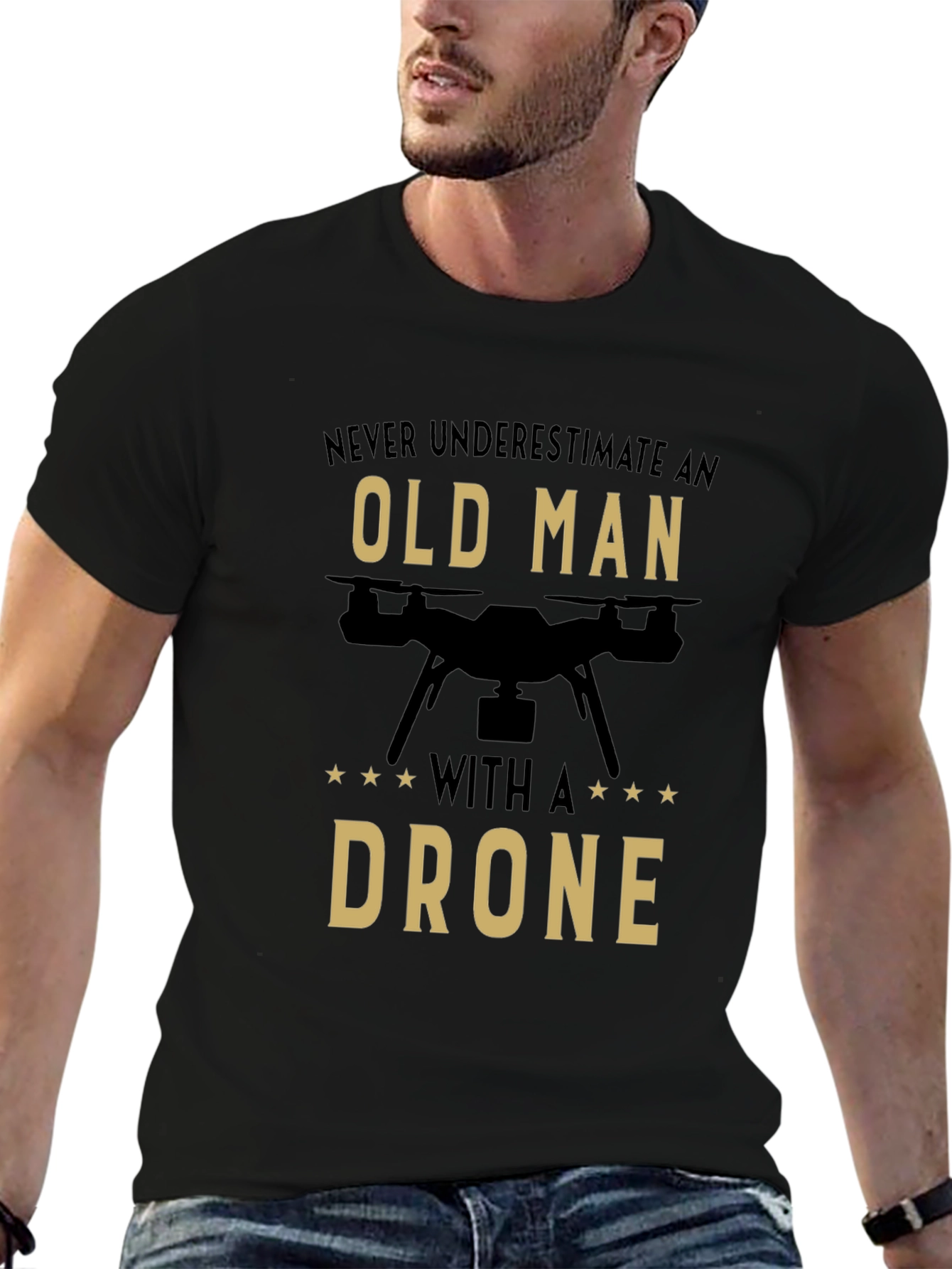 Black Old Man Drone T-Shirt - Funny Pilot Gift view 6