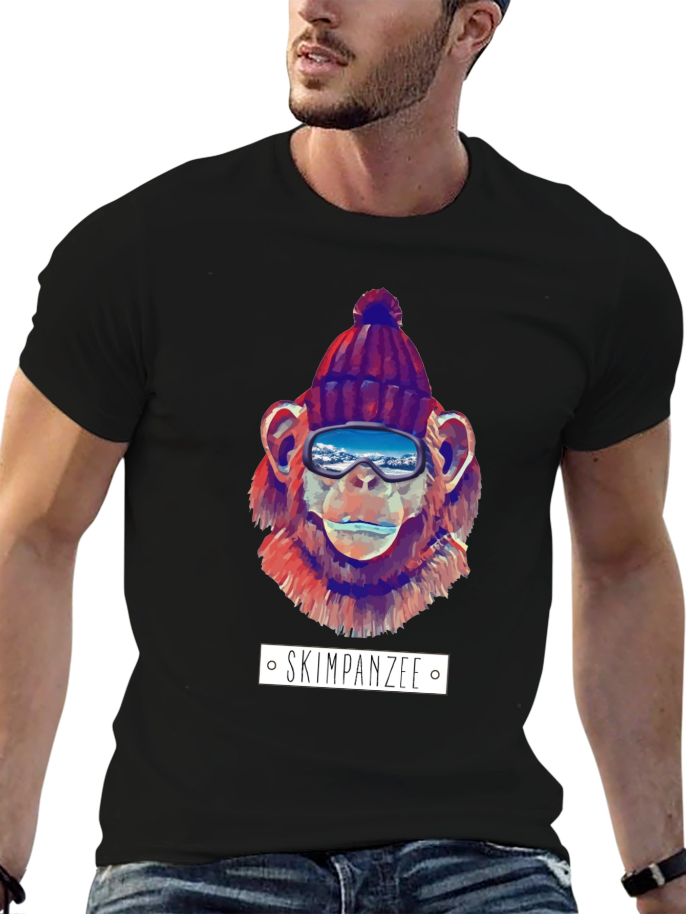 Black Skiing Chimpanzee Graphic T-Shirt view 6