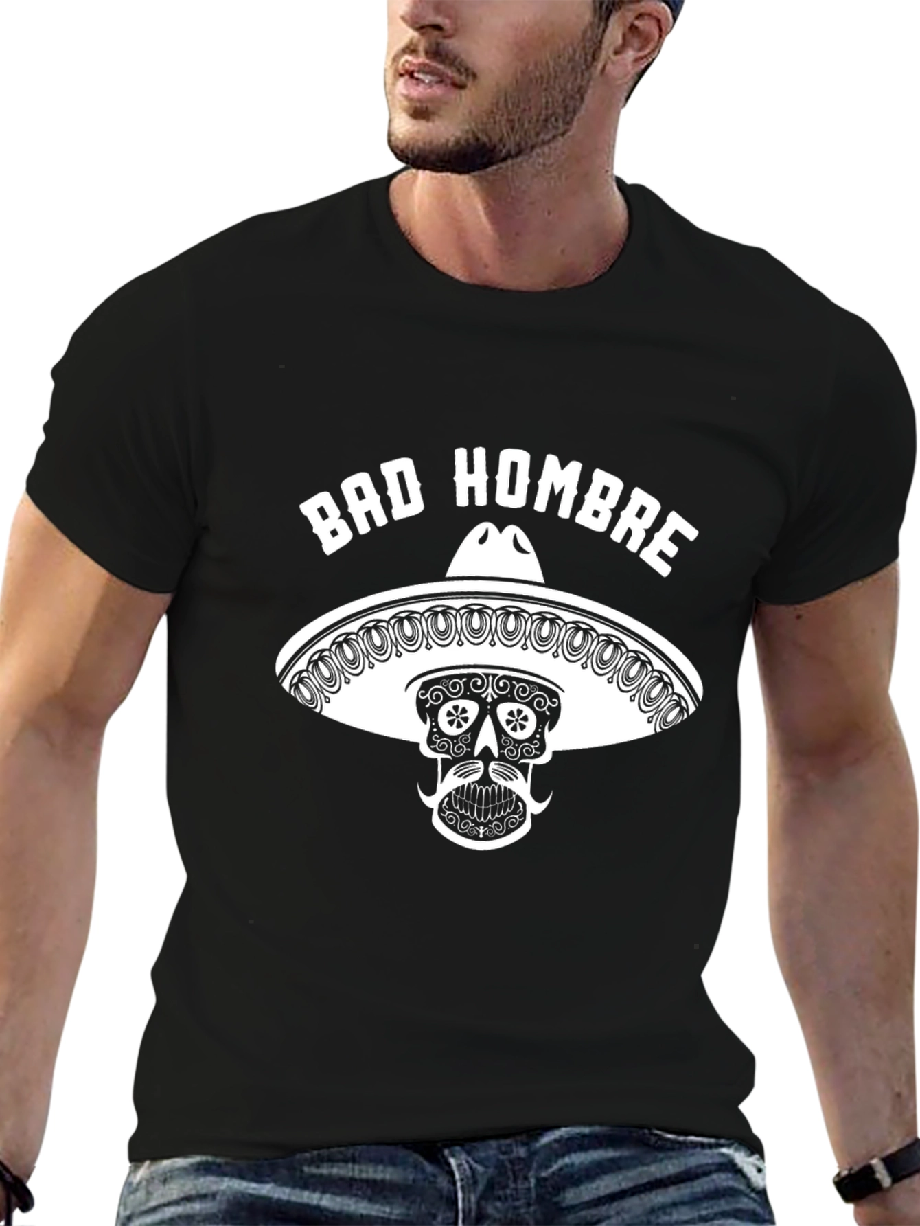 Black Bad Hombre Graphic Tee - Skull Sombrero T-Shirt view 6