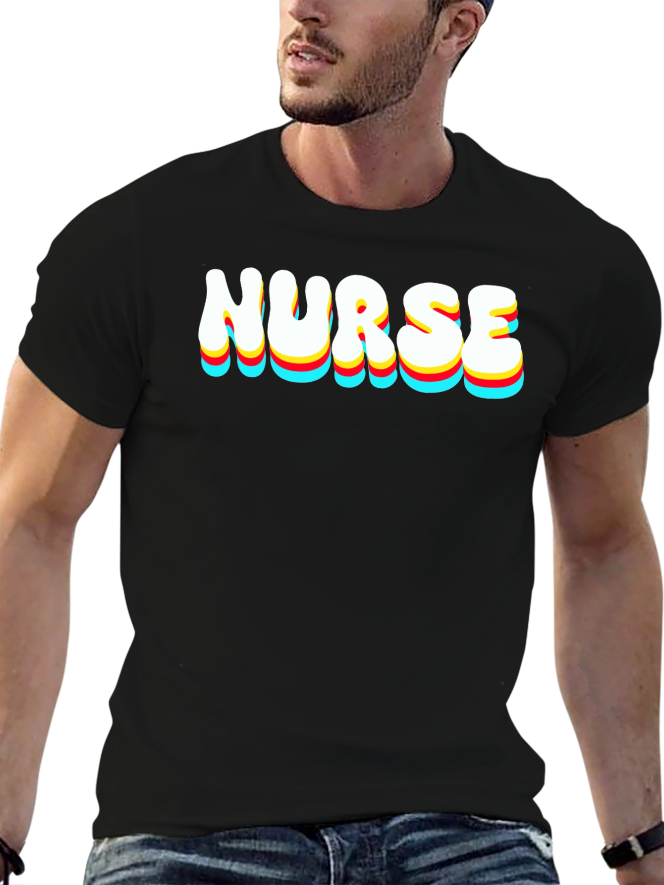 Black Nurse Retro Stacked Text Black T-Shirt view 6