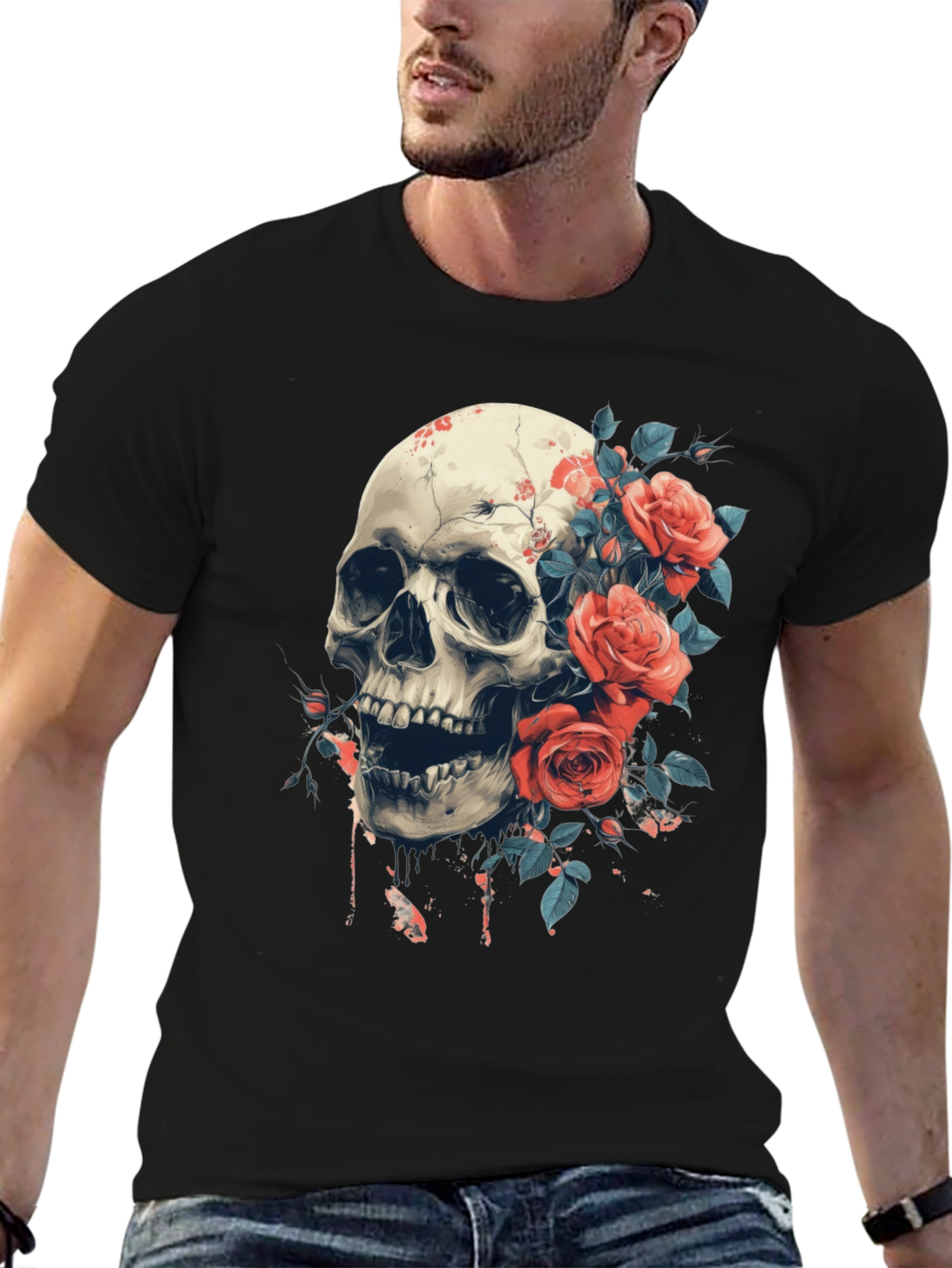 Black Skull & Roses Graphic Tee - Bold Gothic Style view 6