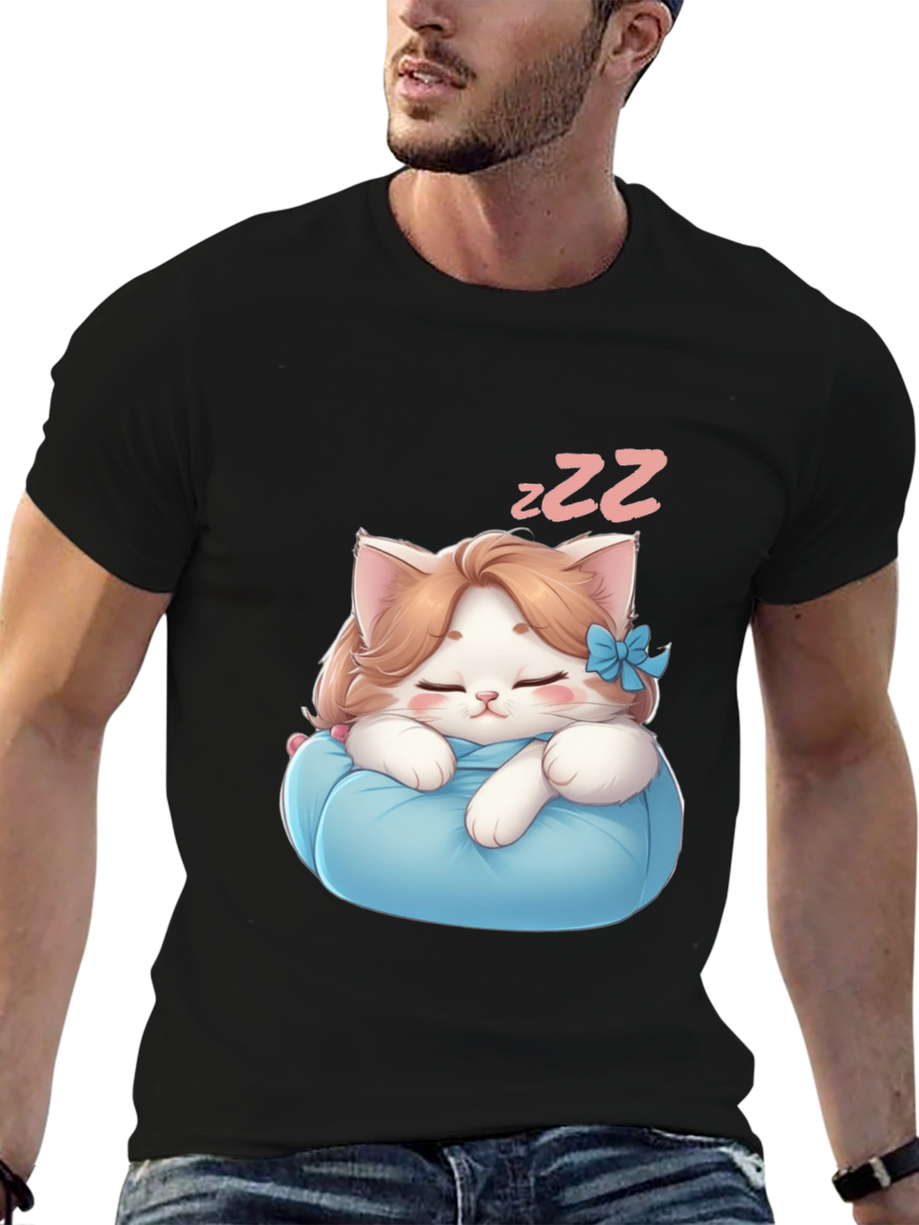 Black Cute Sleeping Kitten Black T-Shirt view 6